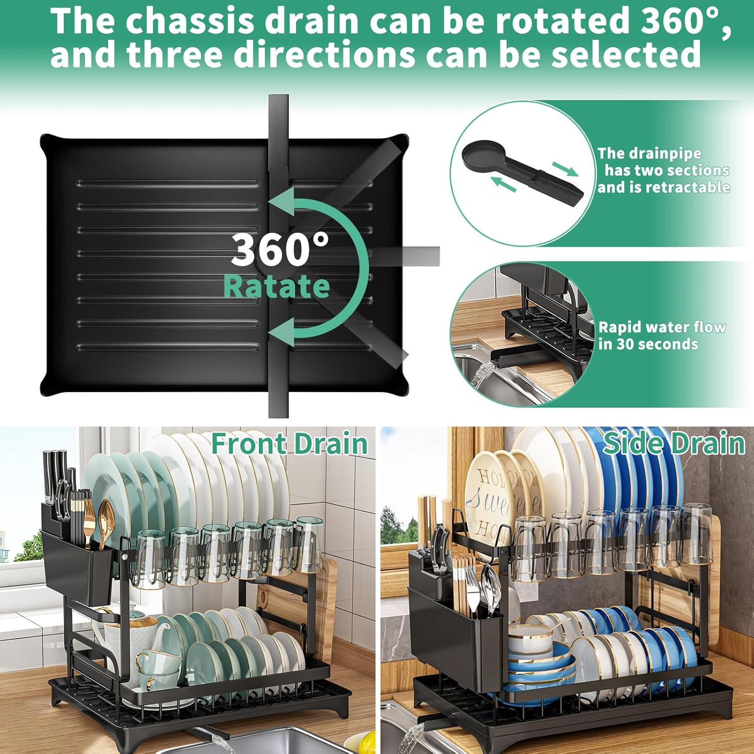 Dish Drying Rack,Dish Rack for Kitchen Counter,2 Tier Large Dish Drying Rack with Drainboard Stainless Steel Dish Drainer with Drainage Utensil Holder for Dish/Knifes/Cup/Cutting Board(14.6*11*12 IN) image number 4