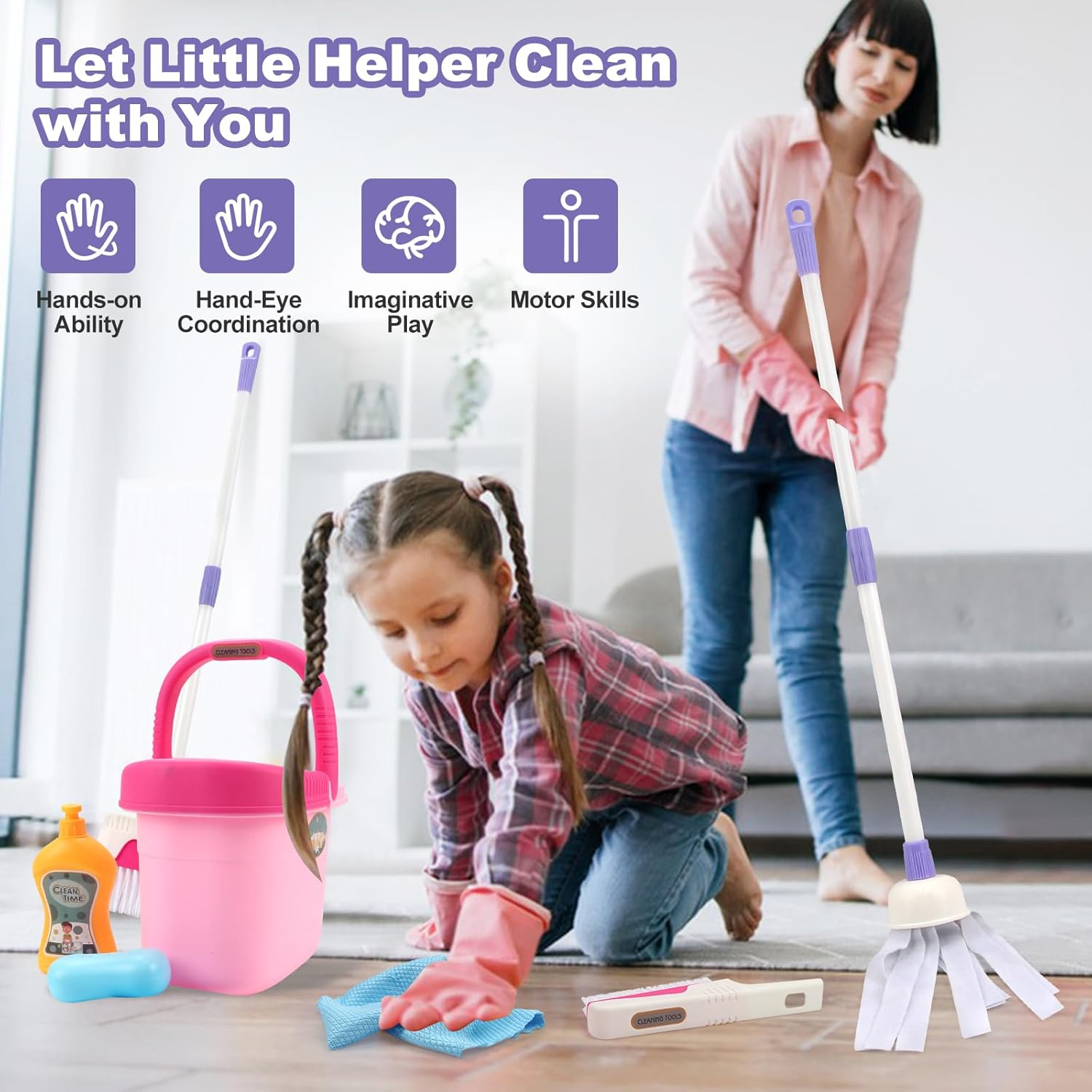 Coolplay Kids Cleaning Set for Toddlers Pretend Play Broom Set, 12Pcs Mop and Cleaning Toys Set Pretend Playset Detachable Broom Mop Dustpan Pink Toy for Girls image number 4