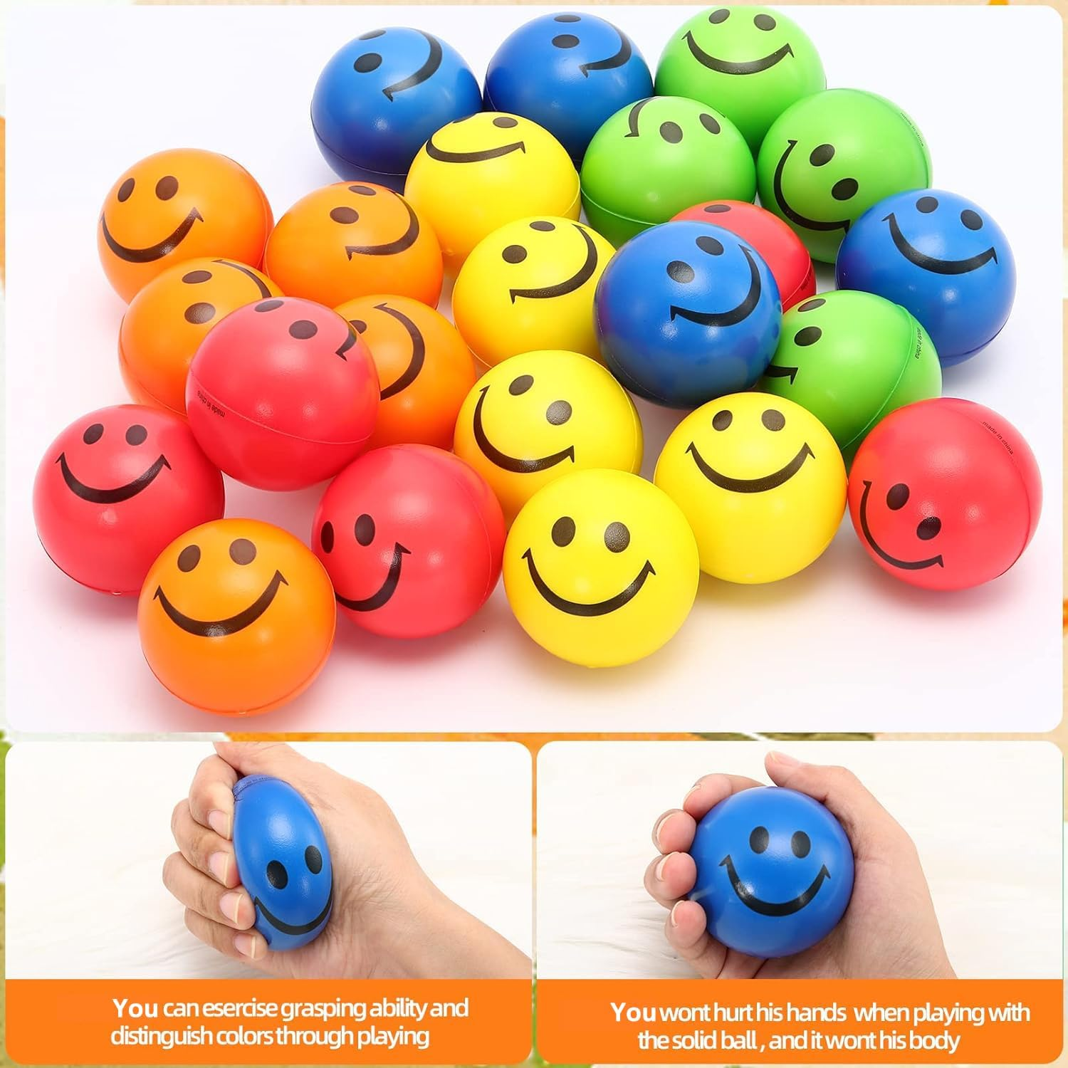 24 Pack Stress Balls Bulk,2.5 Inch Face Squeeze Balls,Smile Balls,Party Favor Soft PU Balls,Stress Relief for Finger Exercise School Carnival Reward,Assorted Colors Random Pattern image number 6