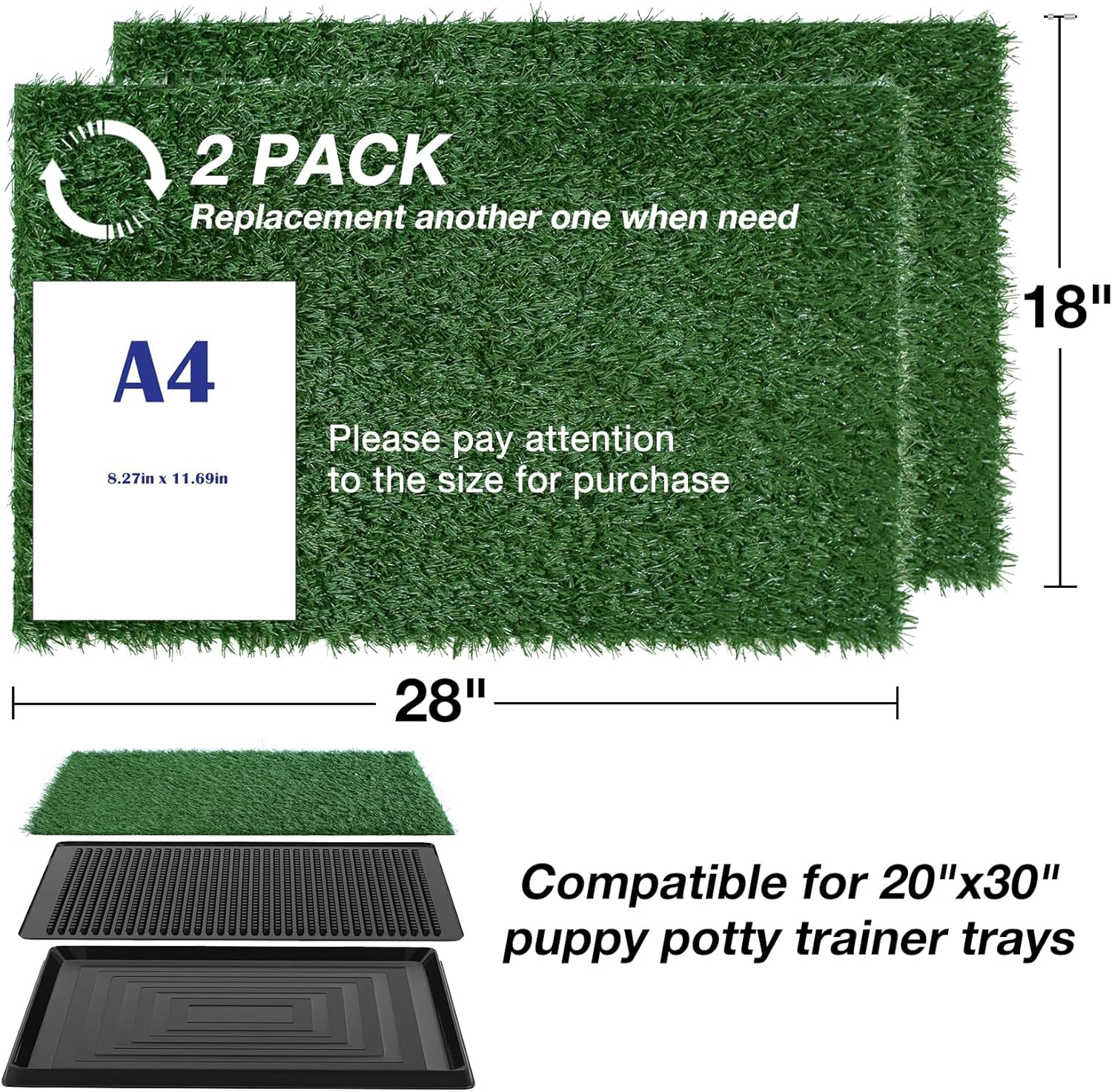 GLOBREEN Artificial Dog Grass Pee Pads 28" X 18", Large Puppy Training Turf for Potty Tray, Reusable Pet Fake Grass with Drainage, 2 Packs image number 1