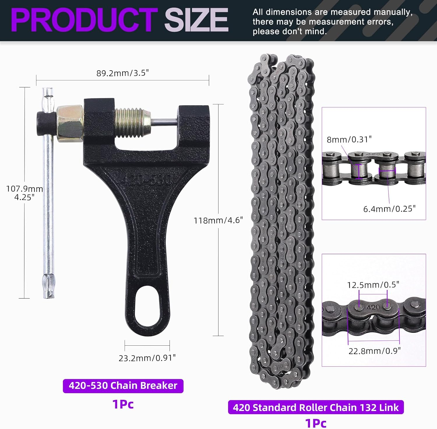 Swpeet 59" 420 Standard Roller Chain Motorcycle Kit - 132 Links with Chain Breaker, Carbon Steel Drive for 110Cc 125Cc Dirt Pit Bike ATV Quad Go Kart Scooter image number 5