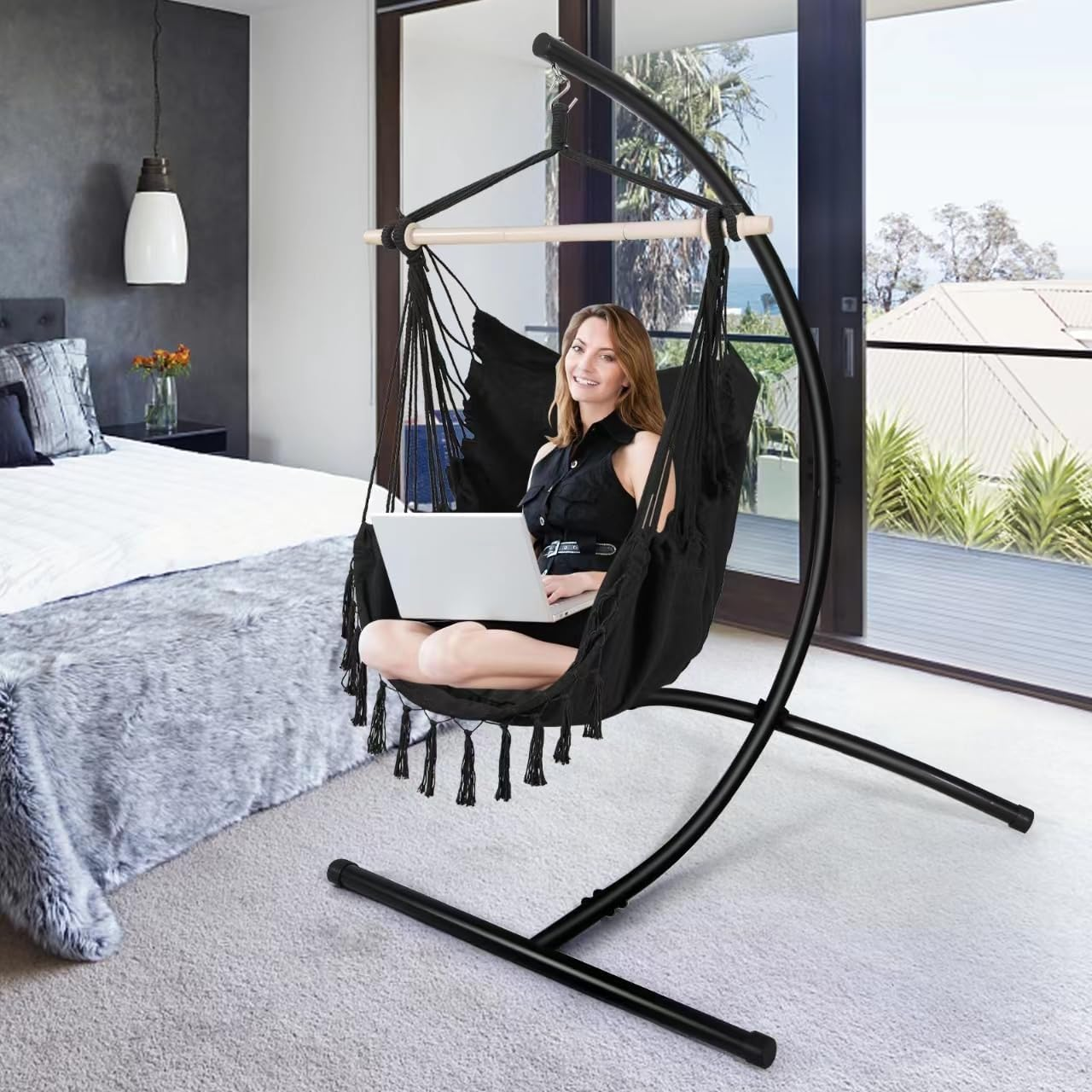 Hammock Chair Hanging Rope Swing Chair with 2 Seat Cushions & Installation Kit, Max 150Kg,Hammock Swing Hanging Chair (Gray)