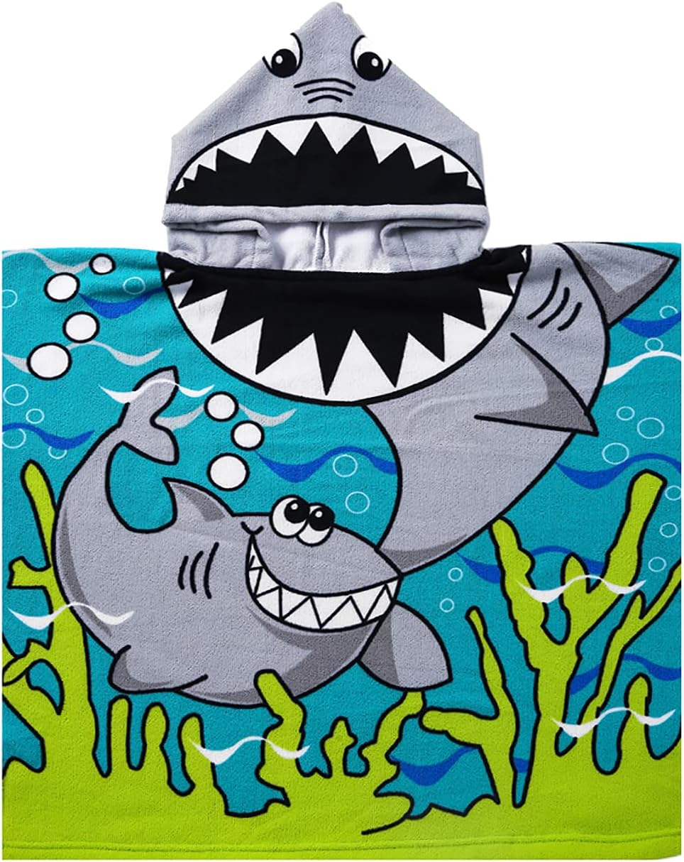 Kids Shark Beach Towel with Hood for Age 1-6 Years Toddler Boys - Soft Microfiber Super Absorbent Poncho Towel, Multi-Use for Bath/Swim/Pool/Shower 23.6 X 23.6 Inch image number 2
