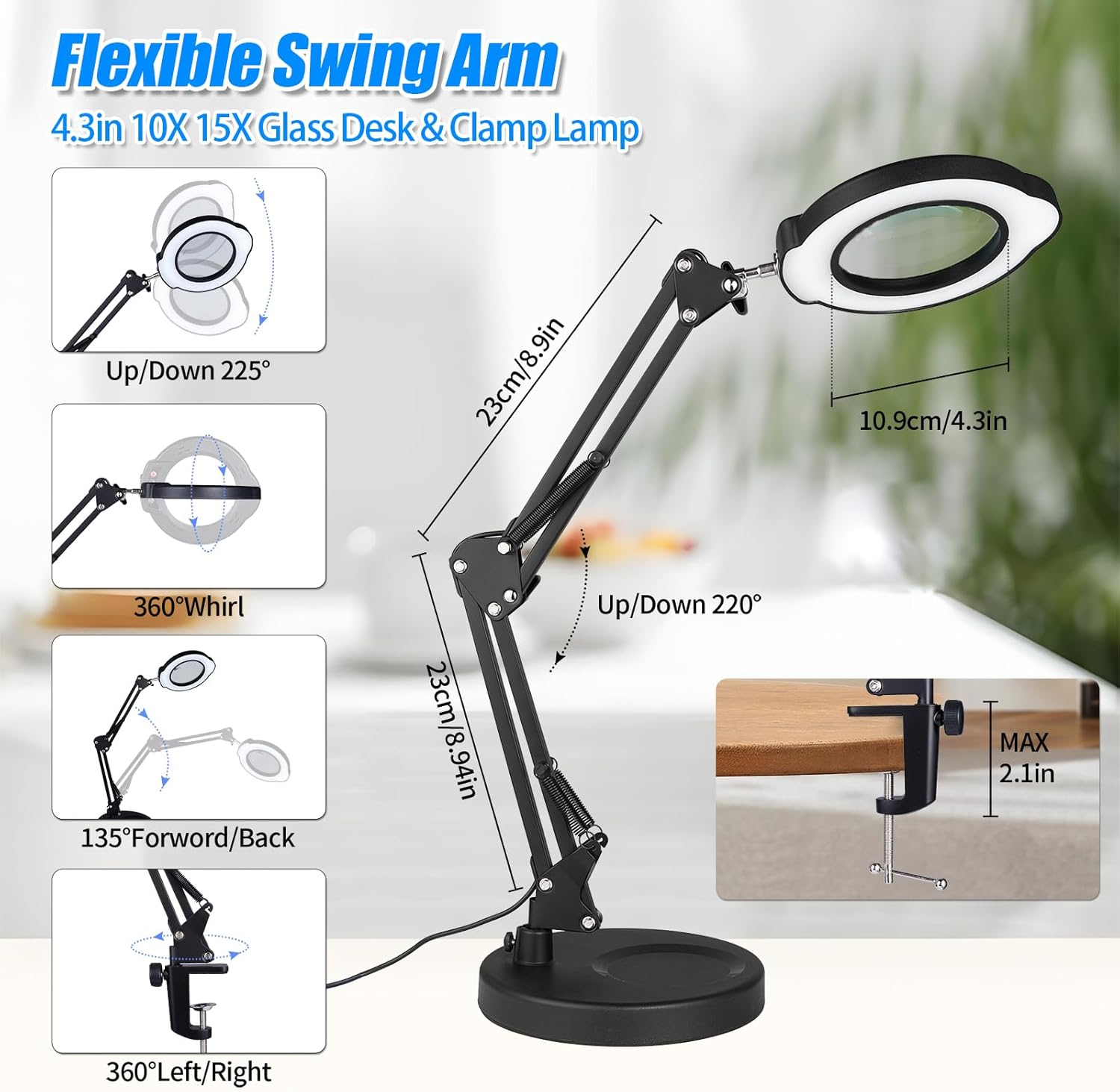 15X 10X Magnifying Glass with Light and Stand, 2 in 1 Magnifying Desk Lamp with Clamp & Base, 5 Color Modes Dimmable with Swing Arm, LED Lighted Magnifier Light for Reading, Repair, Craft, Close Work image number 5