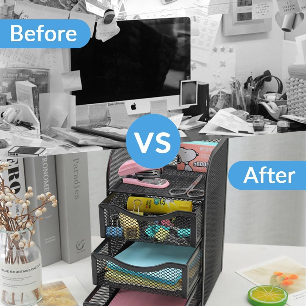 Mesh Office Desktop Storage Rack, Metal Partition Drawer Storage Rack, Sundries Organizer, Desktop Storage Basket, Suitable for Office, Home, Student, Workspace (Black) image number 5