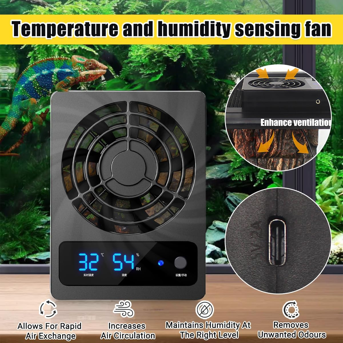 AIMALL Advanced Reptile Enclosure Ventilation Fan &ndash; Automatic Temperature Control, Easy Installation, Suitable for All Reptile Habitats, Measures 4.41 X 3.35 X 0.98 Inches