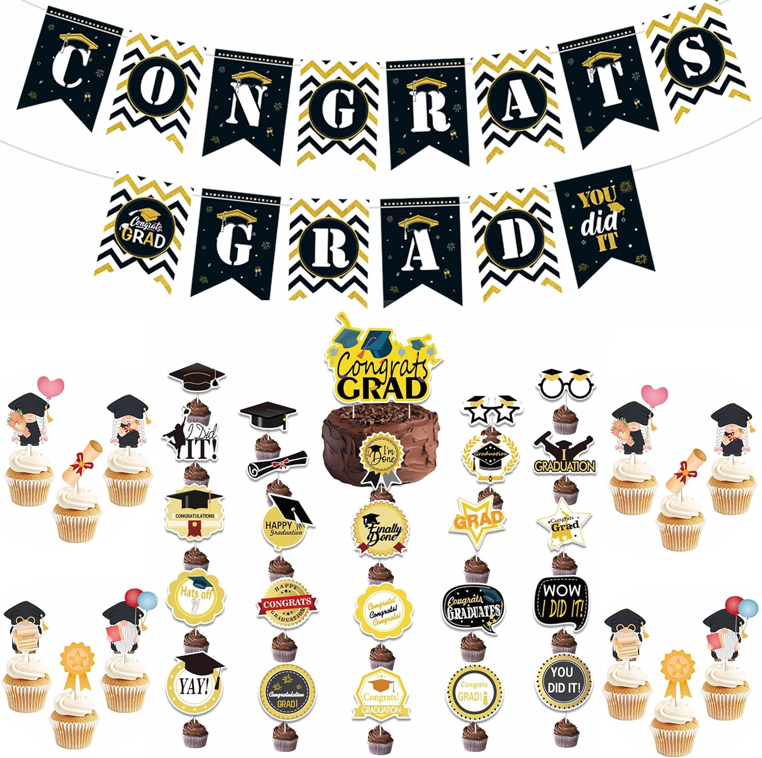 39Pcs Graduation Cake Topper, Black Gold Grad Cake Decor with Graduation Banner, Grad Cap Diploma Cupcake Picks Graduation Cupcake Toppers for Graduations Party Decorations image number 6