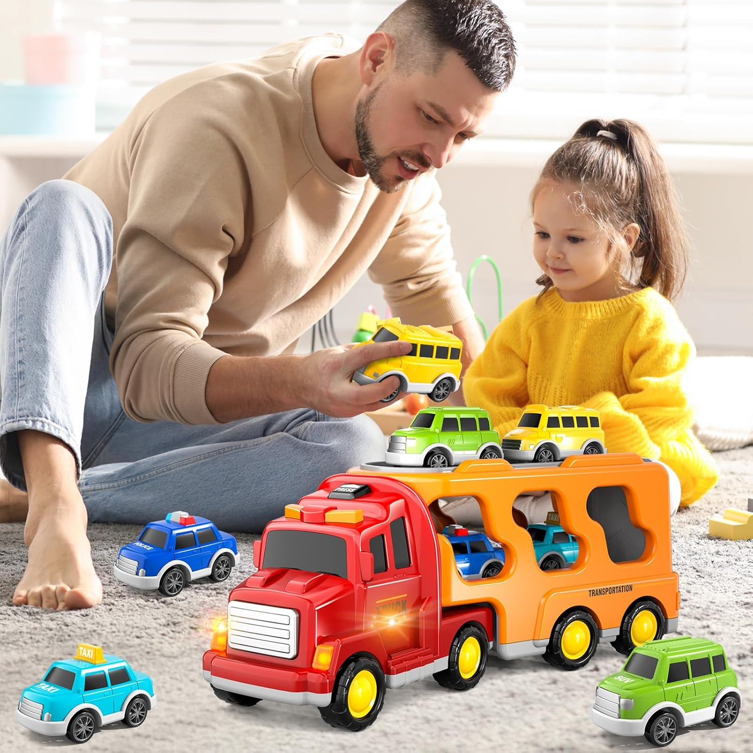 Trucks Cars Toys for 3 4 5 Year Old Boy Toddler, 5 in 1 Carrier Truck Bus Veihicle Playset Boy Toddler Toys with Light Sound, Birthday for Boys Toddlers Kids image number 2