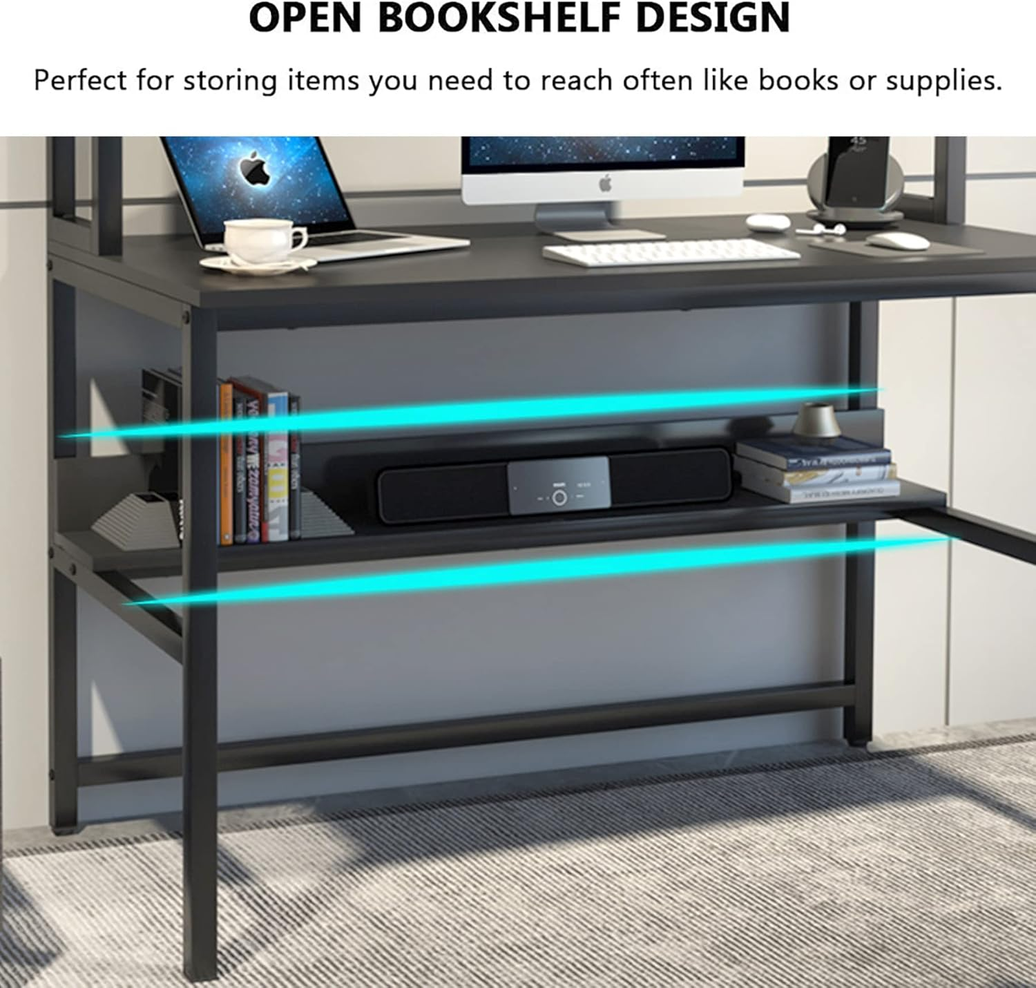 Aquzee Modern Black Computer Desk with Bookshelves, Multi-Functional Office Desk, Sturdy and Durable, Easy Assembly, Spacious Storage image number 7
