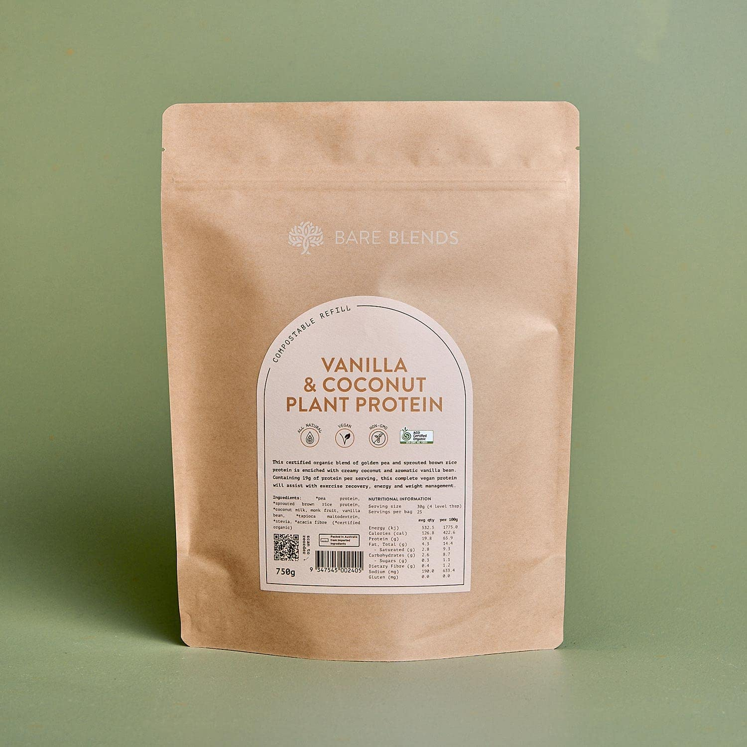 Bare Blends - Vanilla & Coconut Plant Protein | Vegan Protein Powder | Certified Organic | Gluten Free (750G) image number 2