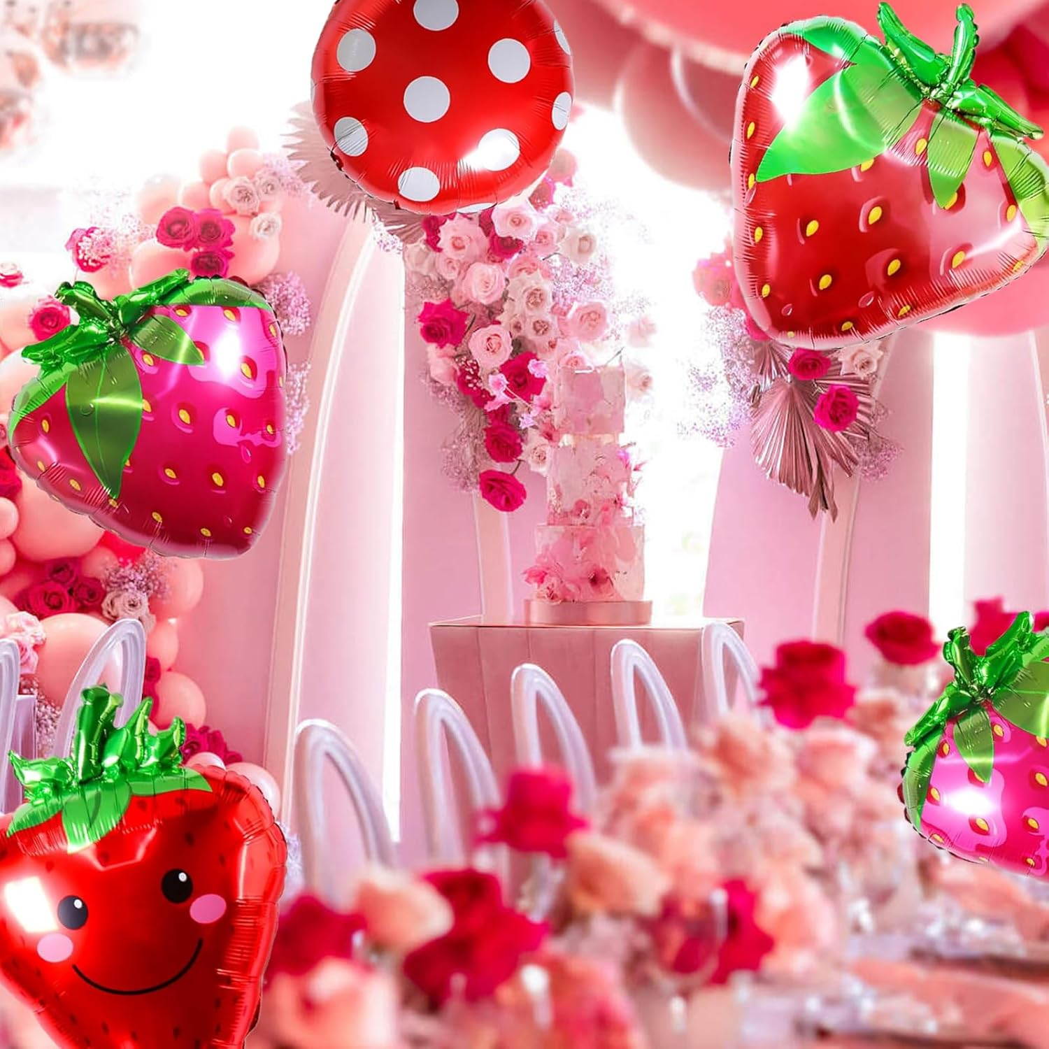 4 Pcs Strawberry Balloons Huge Red Polka Dot Strawberry Aluminum Foil Balloons for Birthday Fruit Strawberry Baby Shower Decorations Supplies