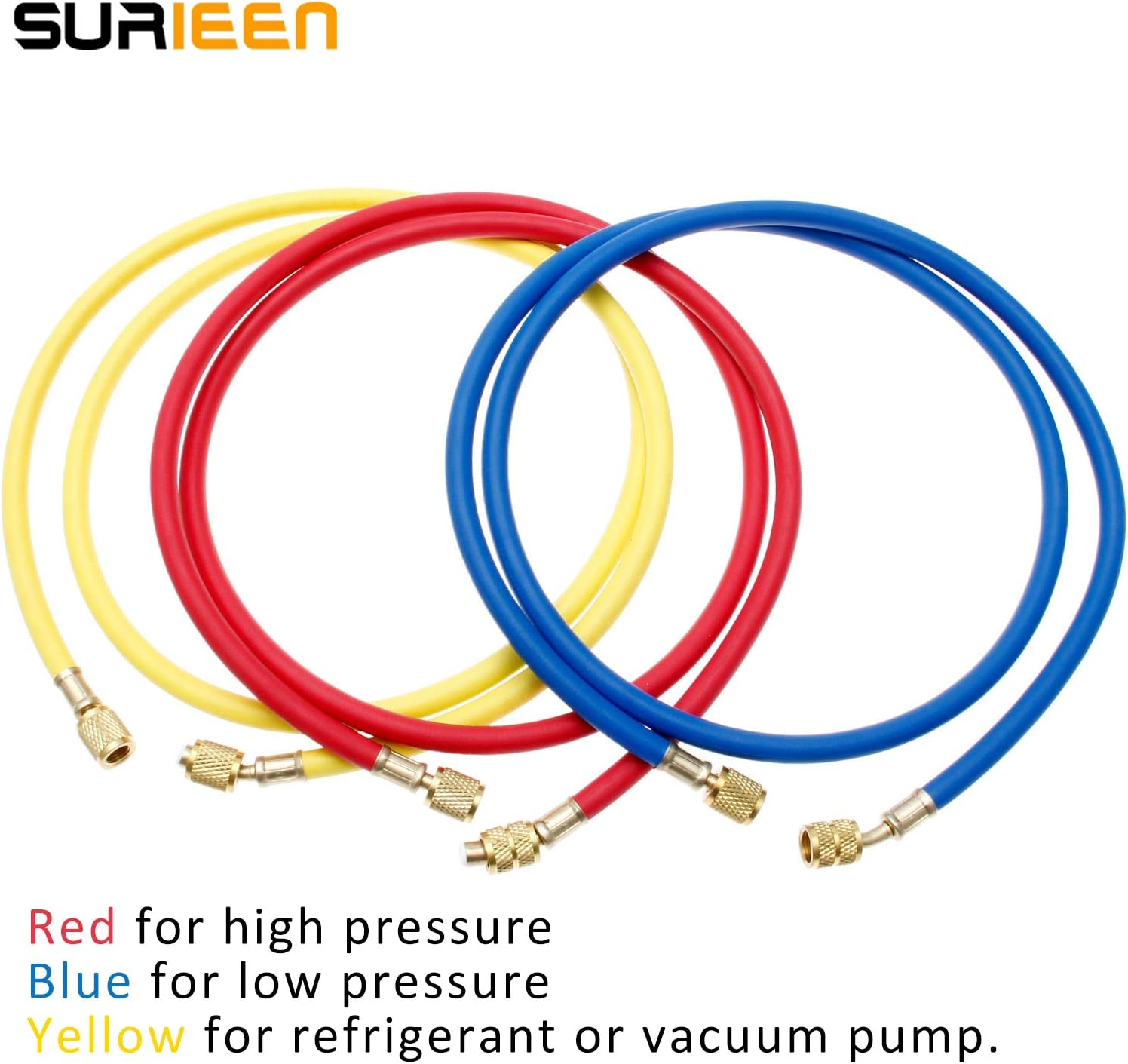 R410 Refrigerant A/C Charging Hose Tube Set (4000~800) PSI 1/4" SAE-5/16 SAE Thread 60" 5Ft 3 Colors, Fits for HVAC Air Condition R410 R32 Refrigerant Manifold Gauge, Set of 3 image number 1