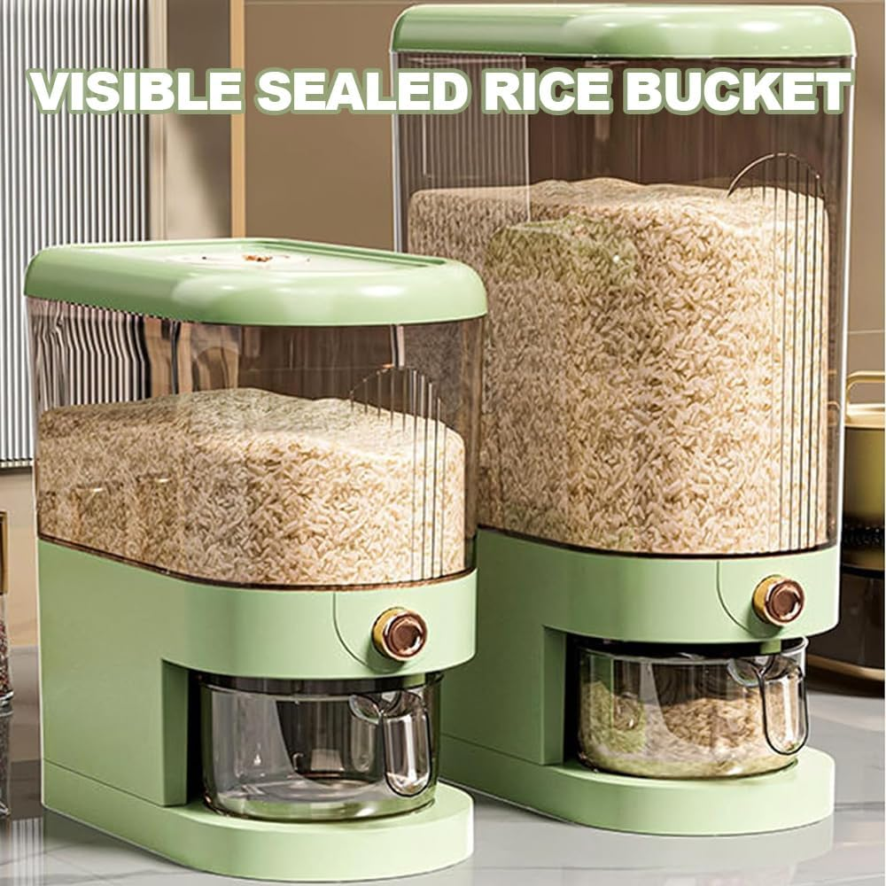 Rice Dispenser, Grain Container Storage, Measuring Cylinder with Lid, Sealed Rice Jar, Household Rice and Flour Drawer, Rice Storage Box, Grain Dispenser Barrel for Kitchen (Green, 10 KG) image number 2