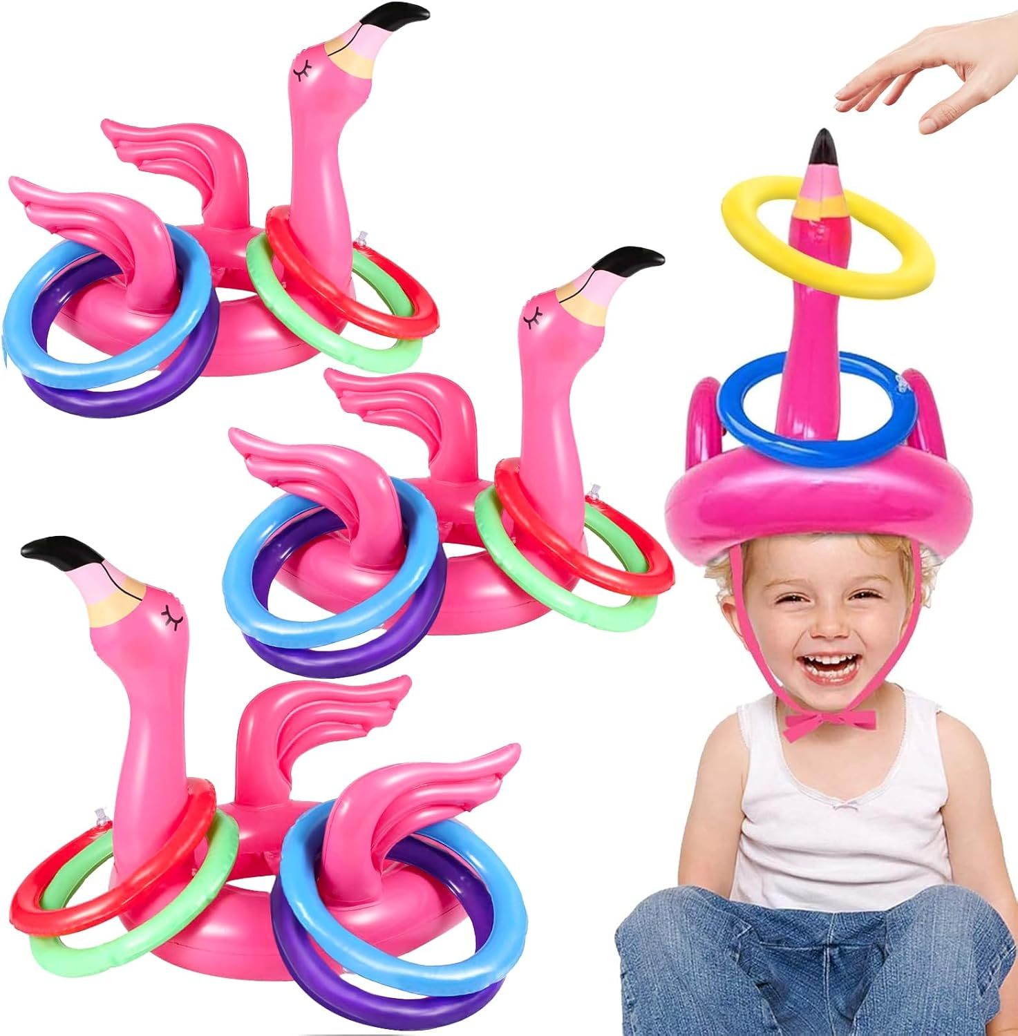 Camlinbo 3 Pack Flamingo Ring Toss Pool Game Toys, Inflatable Pool Toys Hawaiian Luau Beach Party Supplies Carnival Outdoor Summer Pool Party Games for Kids Adults Family (3 Flamingo,12 Rings) image number 3