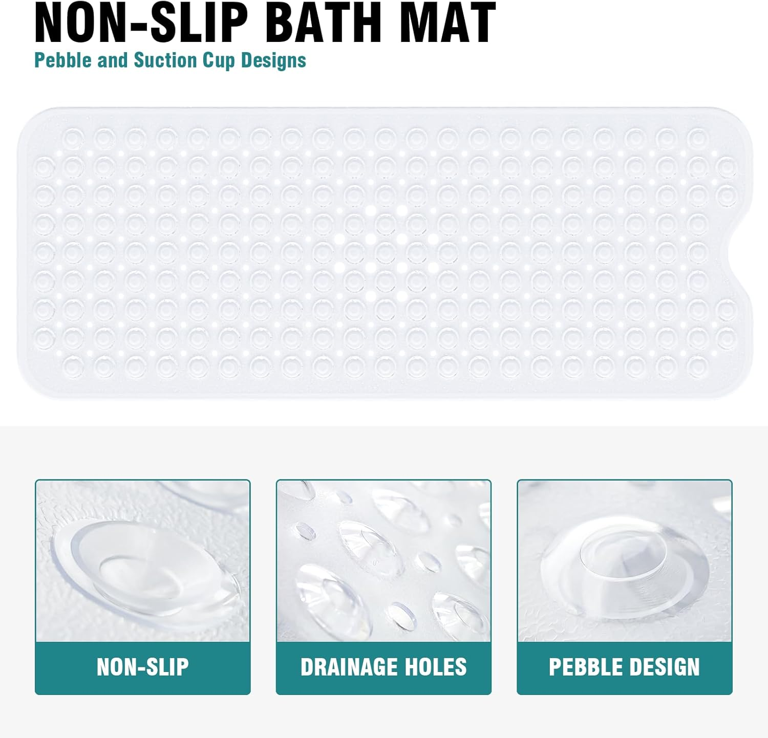 40X100Cm/15X40Inch Bathroom Mat,Shower Plastic Bath Mat with Suction Cup,Non-Slip Comfortable Bathtub Mat for Shower, Bathroom, Machine Wash Dry,Clear White - Clear Blue image number 5