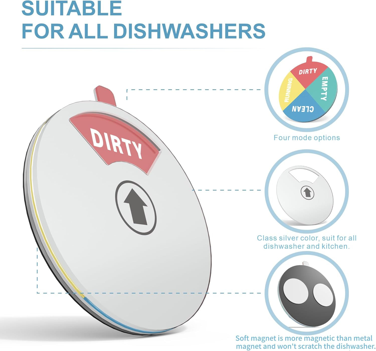 Updated Dishwasher Soft Magnet Clean Dirty Sign, Clean Dirty Running Empty Magnet for Dishwasher with Double-Sided Glue (Silver)