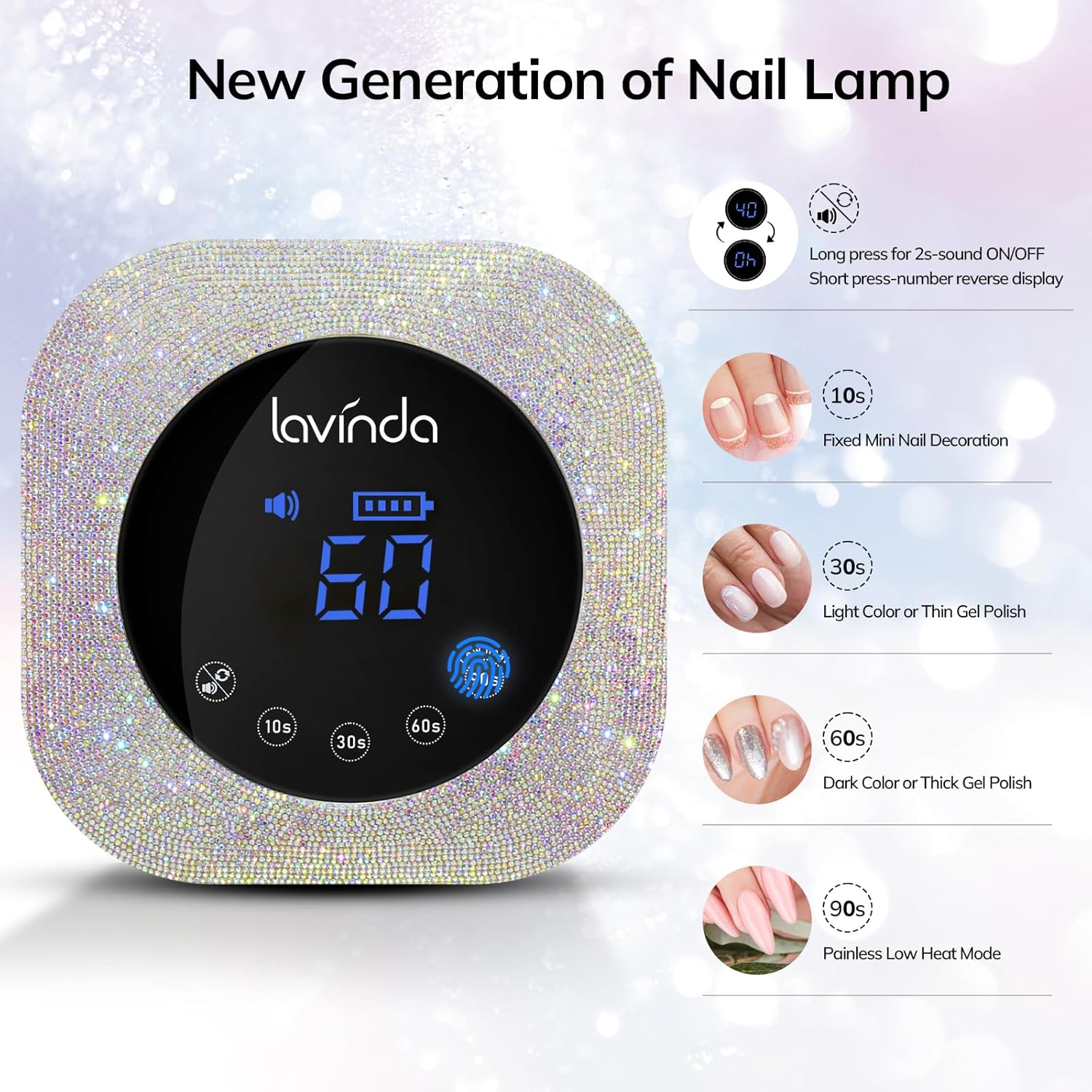 Lavinda UV LED Nail Lamp for Gel Nails, Cordless Rechargeable Nail Light with 4 Timer Settings, Touch LCD Display, Removable Base, 54W Professional Nail Dryer for Salon Home Use Diamond Design image number 6