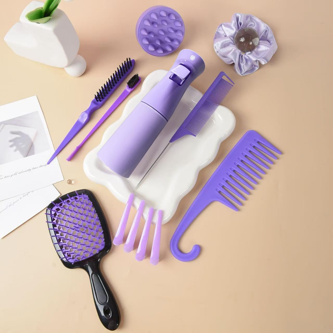 12 Pcs Hair Brush Set with Continuous Hair Spray Bottle for Women, Rat Tail Combs for Toddlers, Soft Scalp Massager, Detangling Hairbrush for Wet Dry Curly Hair (Purple) - Purple image number 4