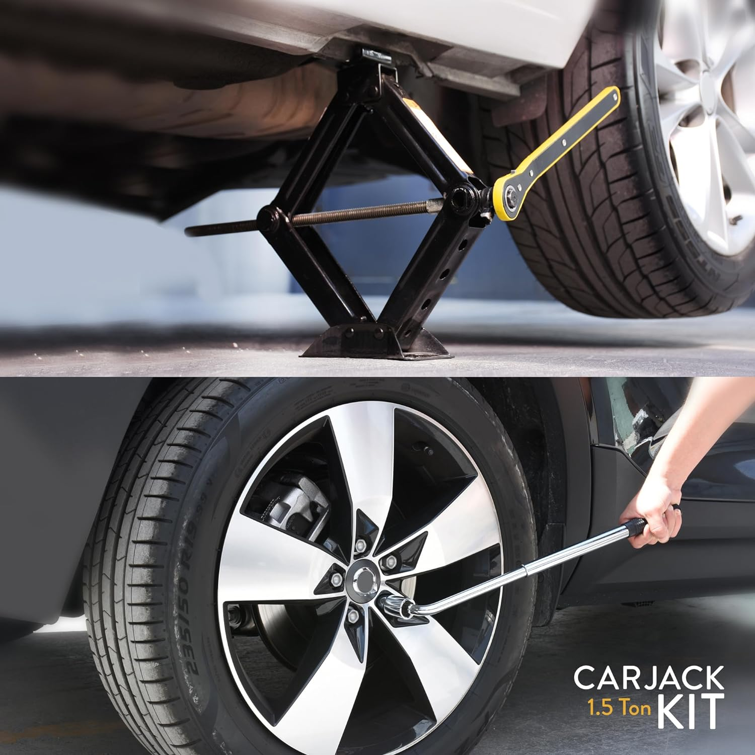 Car Jack Kit | Scissor Jack for Car 1.5 Ton (3,300 Lbs) - Tire Jack Tool Kit | Portable, Ideal for SUV and Auto - Universal Car Emergency Kit with Lug Wrench | Heavy Duty Material