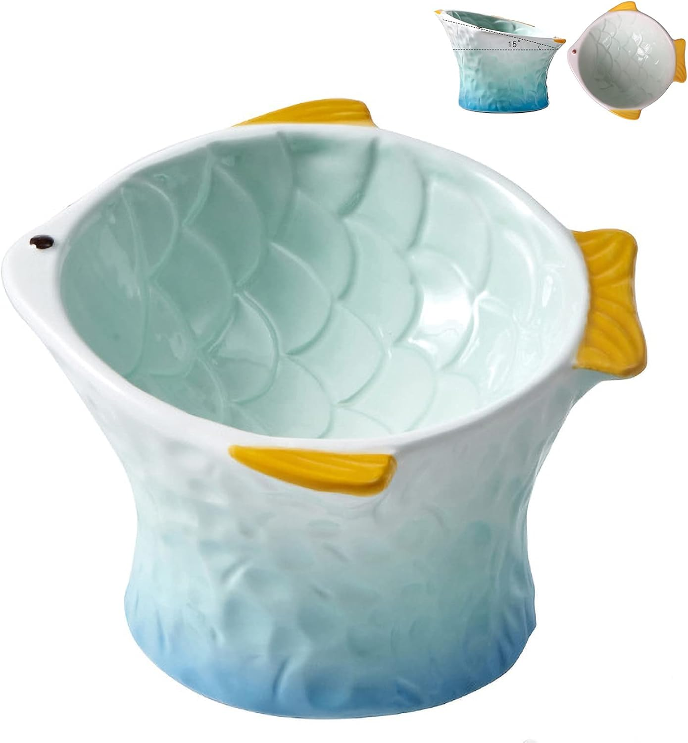 Raised Tilted Ceramic Cat Food Bowl, Cute Fish Shape Elevated Slanted Shallow Angled Cat Dish, Personalized Pet Feeder for Kitty Dry Wet Treats Feeding, Ergonomic anti Vomiting Whisker Friendly