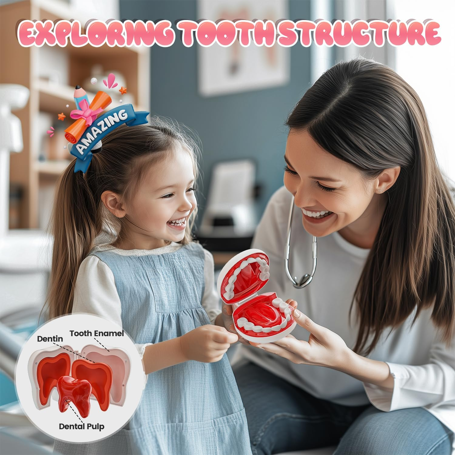 Toy Doctor Kit for Toddlers, Kids Dentist Play Set with Dentist Chair, Doll Toy, Stethoscope, Large Carrying Storage Bag, Dental Accessories, Pretend Doctor Play Medical Gift Kit for Girls Pink image number 2