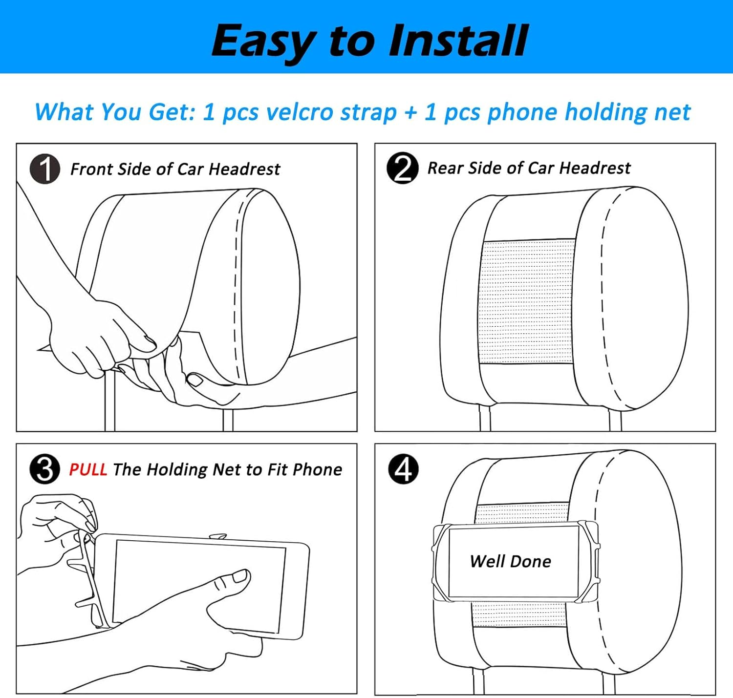 Car Headrest Phone Holder for Kids Back Seat - Compatible with Iphone, Samsung and Other Cell Phones - Soft Adjustable Silicone Holding Net (For Phone 1 Pack)
