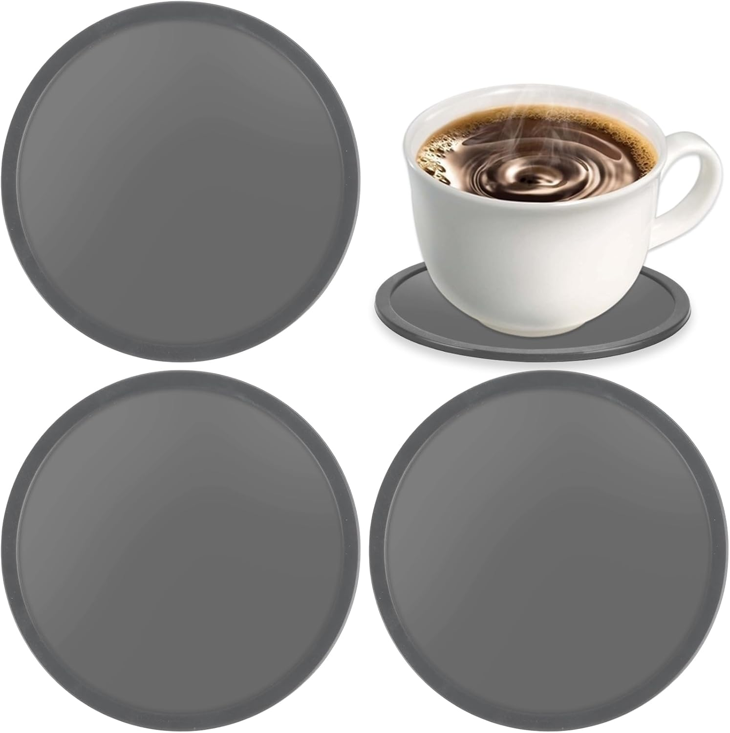 3 Pcs Silicone Coasters for Drinks, Black round Mugs Coasters Pads Mats, Protect Furniture from Scratch & Water Marks, Non Slip, for Coffee Beer Glass Home Bar