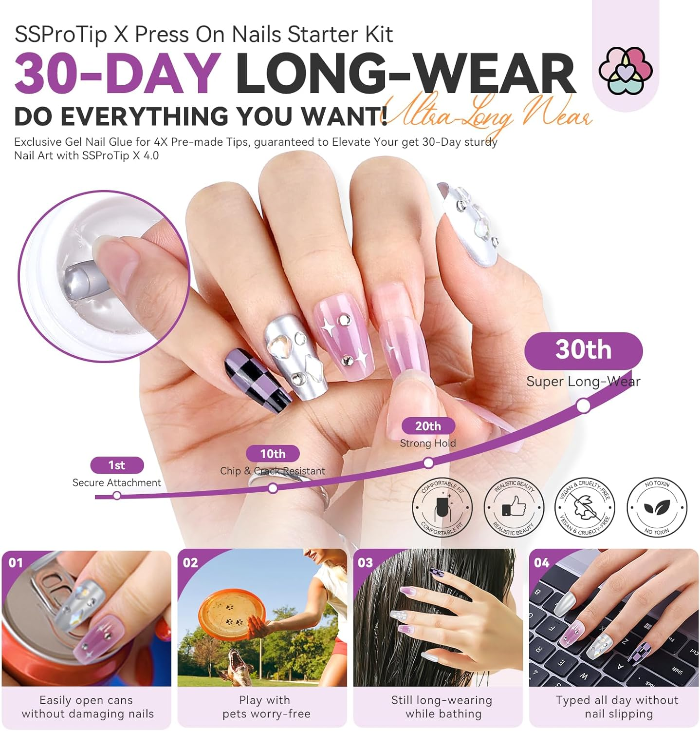 SAVILAND Naughty Heart Press-Ons Starter Kit: Long-Wear Thick 100% Acrylic Nail Tips Press on Nails Gels Nails GEL Glue Soft Gel Tips Fake Tips False Nails U V Nail Lamp Star Gift Set image number 4