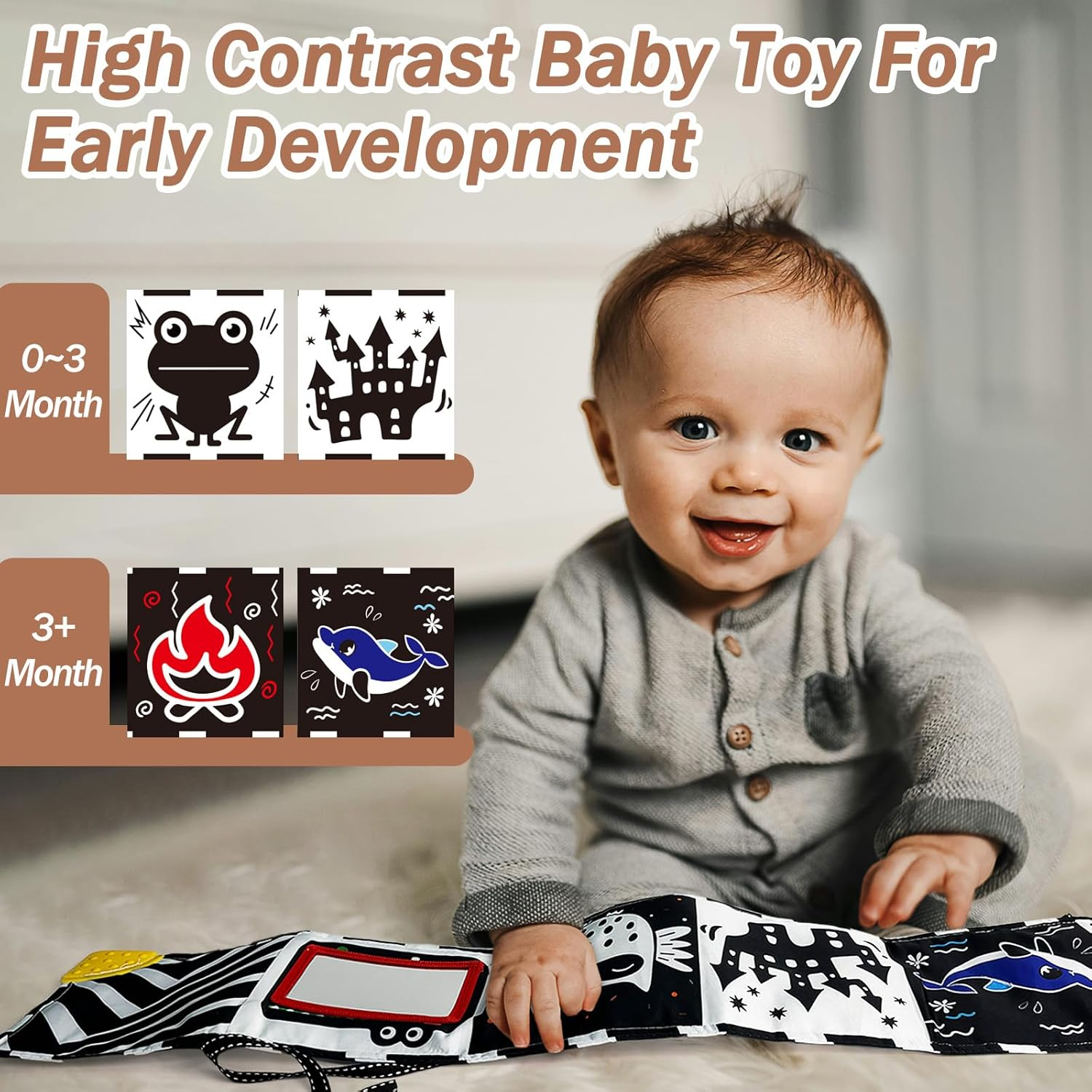 Black and White Baby Toys Tummy Time High Contrast Newborn Toys 0-3 Months, Soft Baby Book Visual Stimulation Infant Toys 0-6-12 Months, Crinkle Montessori Learning for Babies image number 6