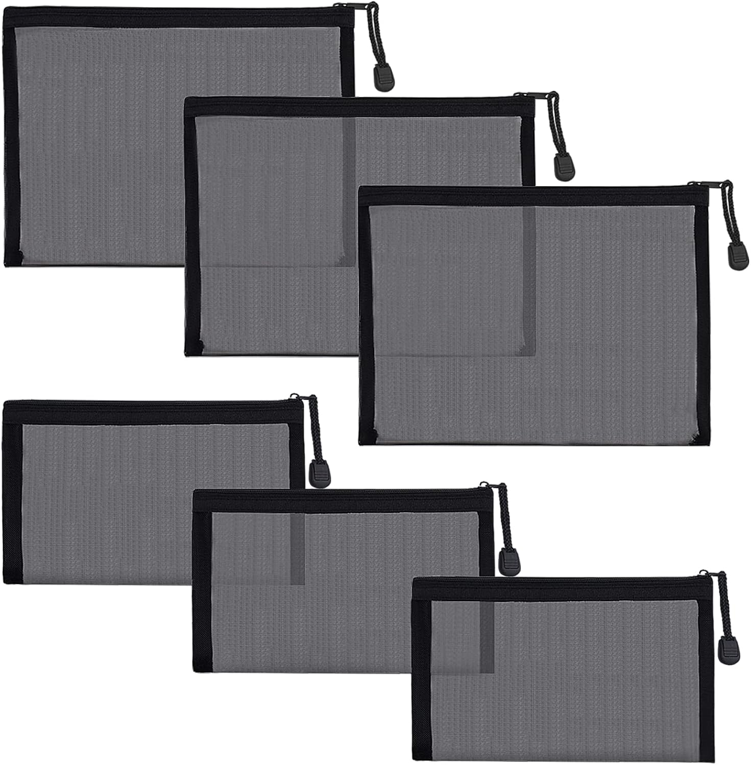 6 Pack Mesh Cosmetic Bags, Nylon Makeup Pouches with Zipper for Home Office Purse Diaper Bag (Black)