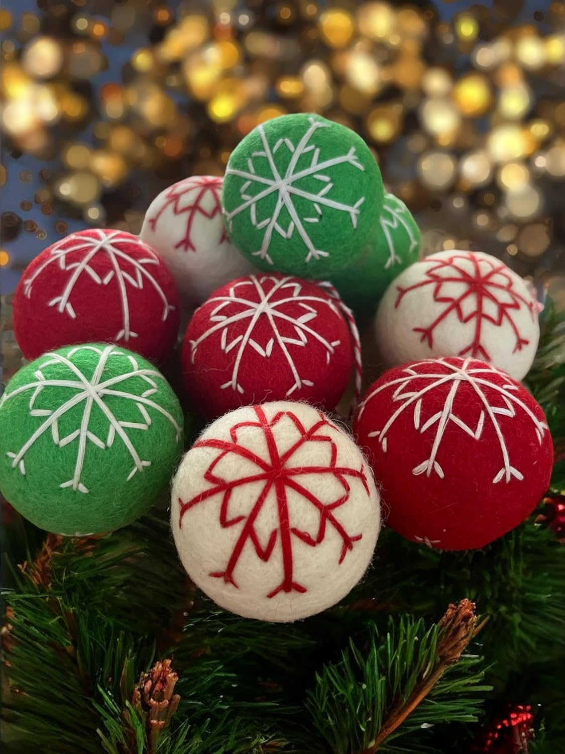 Glaciart One Felt Balls Snowflake Ornaments (9 Pieces) 2 Inch (5 Cm), 100% New Zealand Wool, 3 Colors Hand-Felted in Nepal - Christmas Party Banner Decoration - Scandinavian Wool Snowflake - Swirls  Dots image number 3