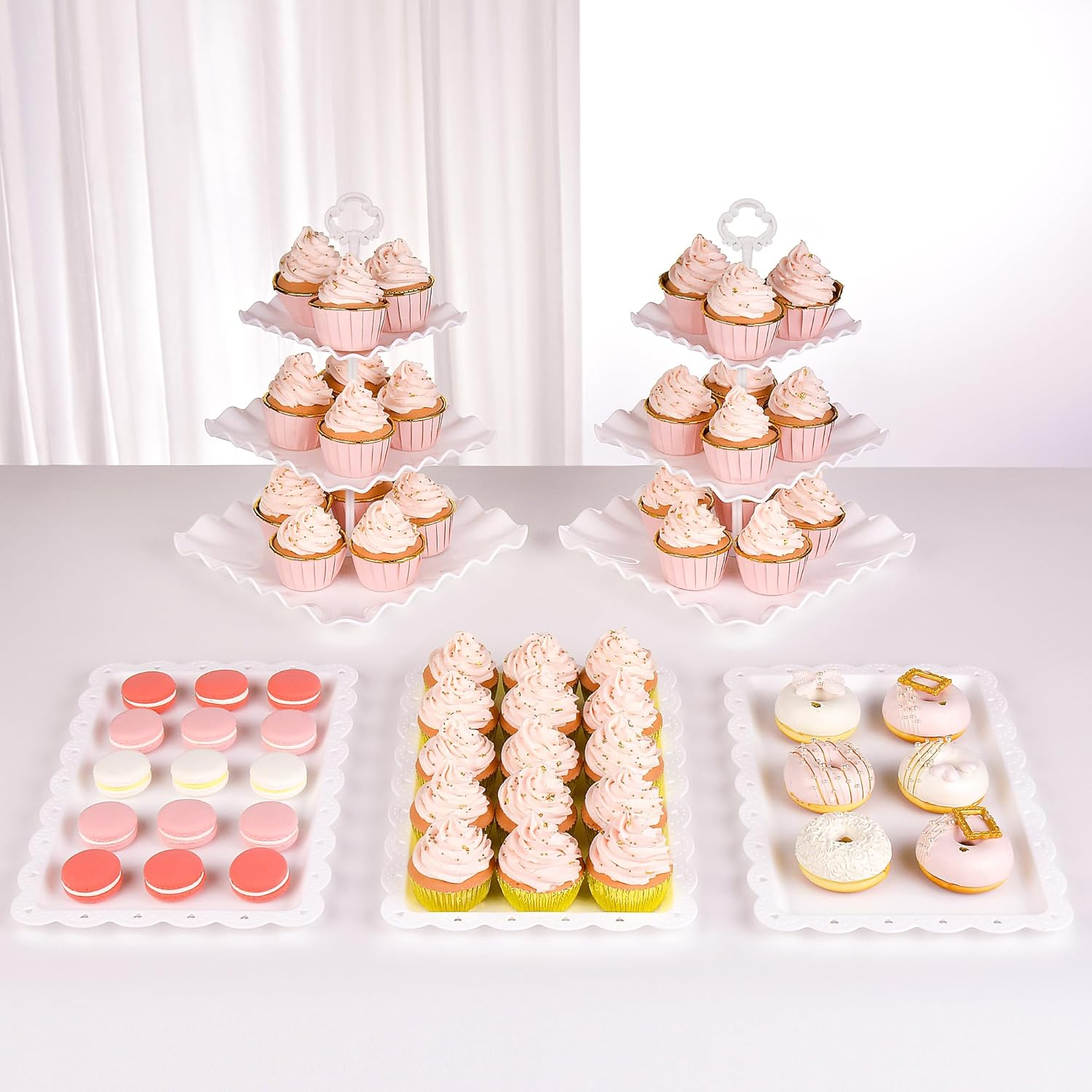 NWK 5 Piece Cake Stand Set with 2Xlarge 3-Tier Cupcake Stands + 3X Appetizer Trays Perfect for Wedding Birthday Baby Shower Tea Party (White) image number 3