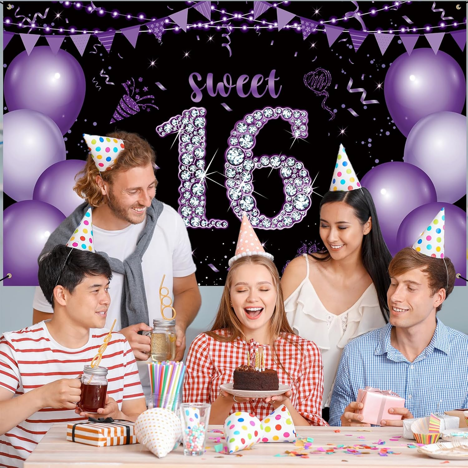 Roetyce Sweet 16 Party Decorations, Black Purple Sweet 16 Banner, 16Th Birthday Decorations for Girls, Sweet 16 Birthday Gifts, Happy 16Th Birthday Backdrop Decor, 16 Years Old Bday Party Supplies image number 1