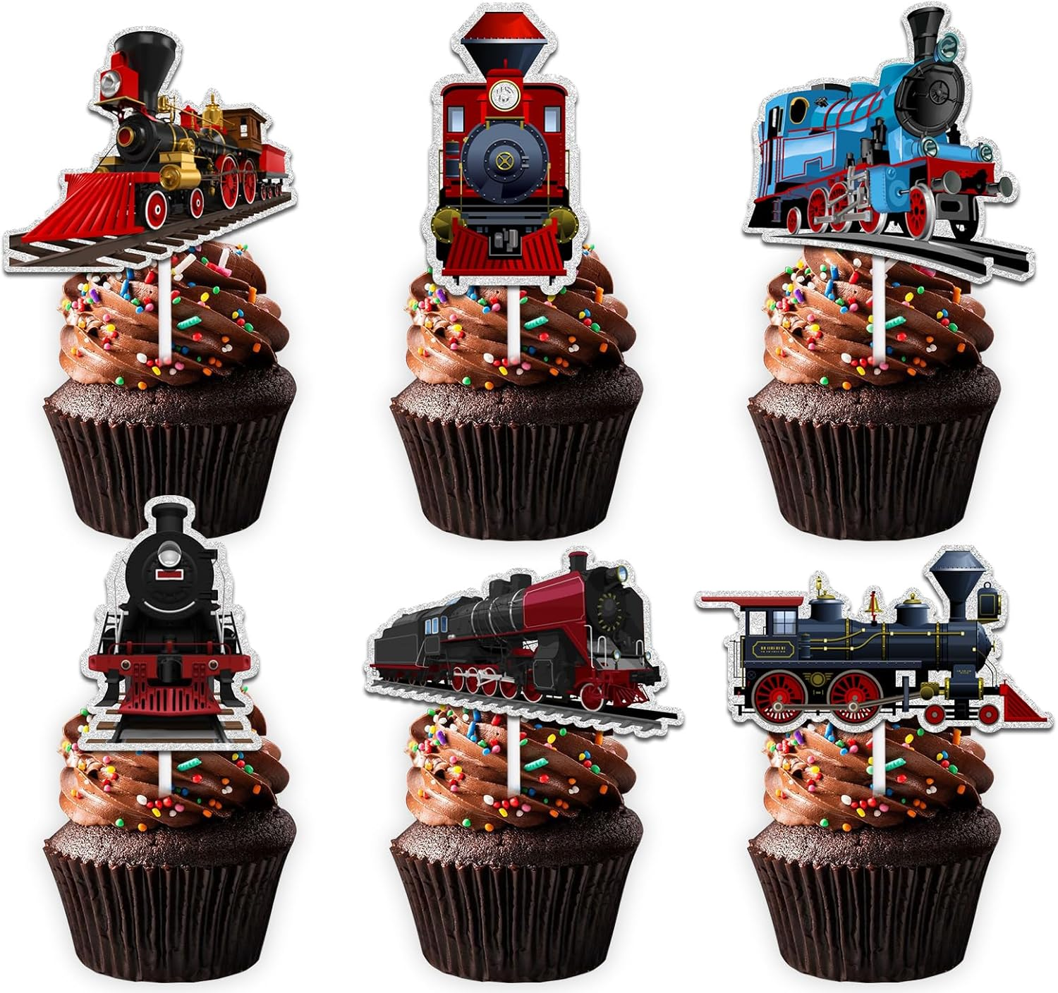 Glitter Dessert Cupcake Topper Cheer to Transportation Train Railroad Crossing Theme Decorations Supplies Baby Shower Children Boy Girl Happy Birthday Party Decor Set 18Pcs image number 1