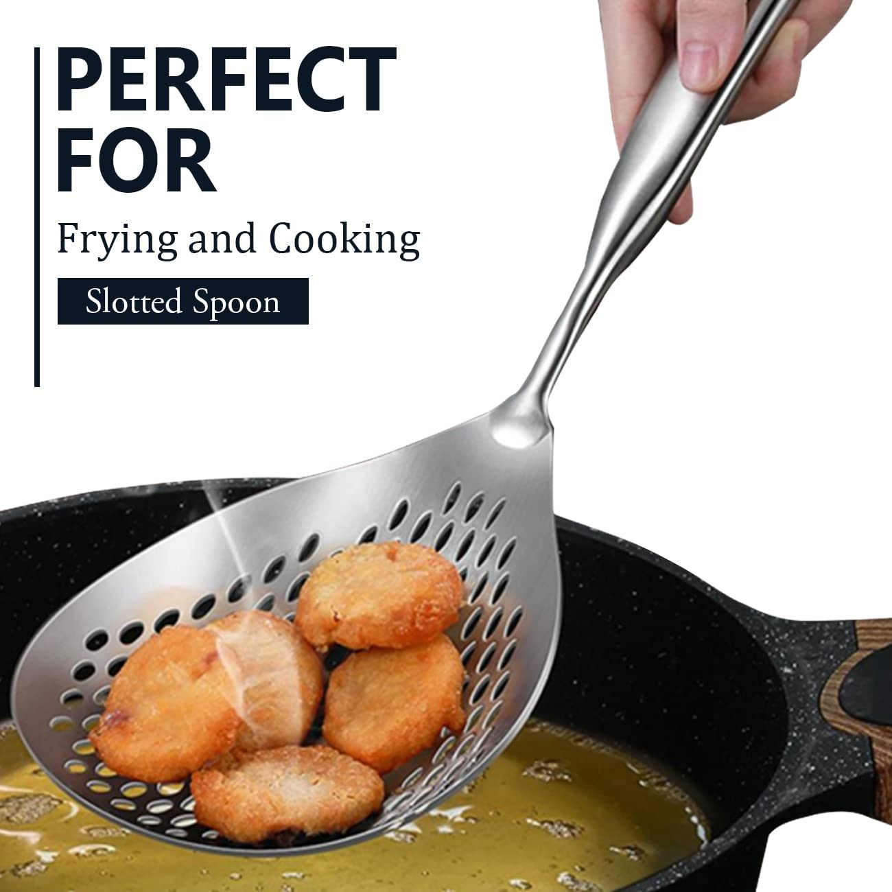 KAYCROWN Skimmer Slotted Spoon, 304 Stainless Steel Skimmer Ladle Spoon Spider Strainer for Cooking and Frying, Pasta Strainer Spoon Frying Kitchen Cooking Colander image number 6