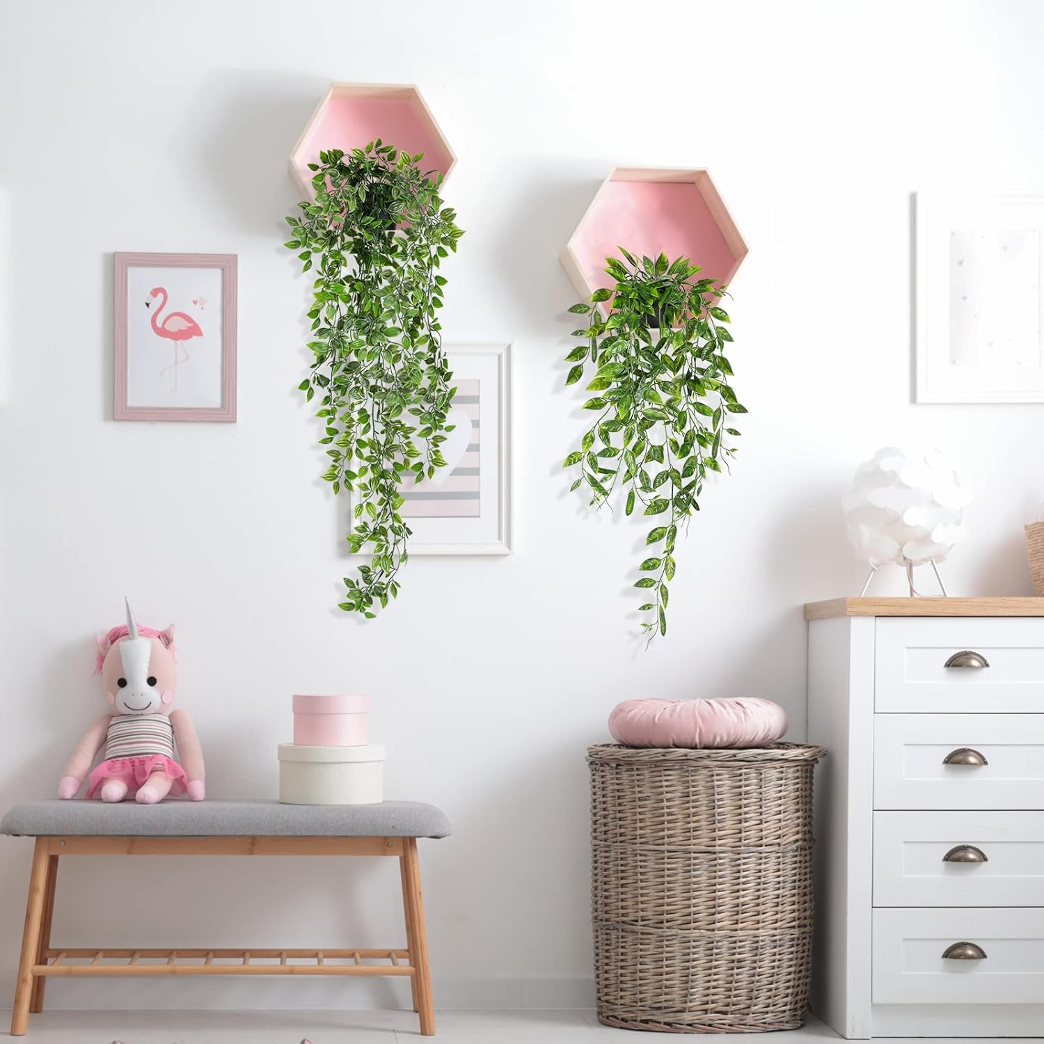 WXBOOM Artificial Hanging Plants, 3 Pack Fake Hanging Plants Fake Potted Greenery Plants Faux Eucalyptus Vine, Mandala Vine in Pot for Home Room Indoor Outdoor Shelf Decor