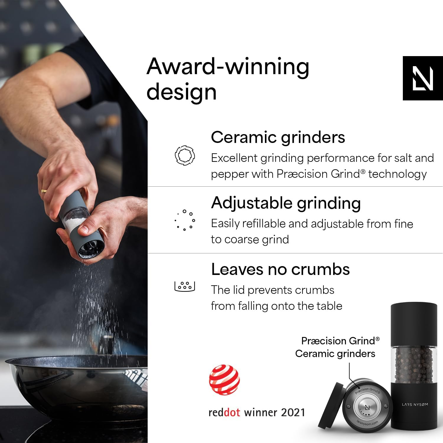 LARS NYS&Oslash;M Salt and Pepper Grinder Set, Manual Salt and Pepper Mills with Adjustable Ceramic Grinder, Design Spice Shaker Set (Carbon Black) image number 6