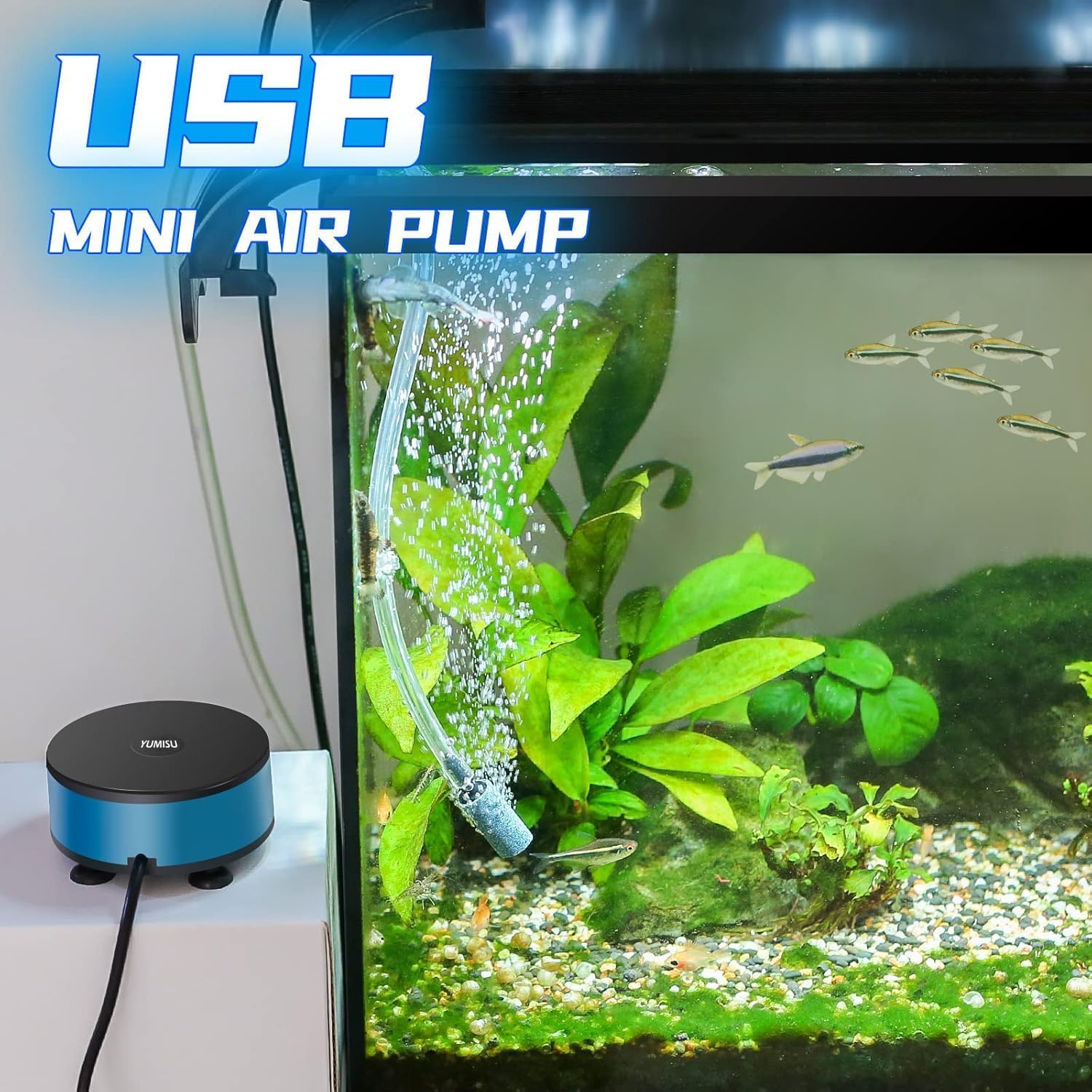 Mini Aquarium Air Pump with Accessories, Quiet Fish Tank Oxygen Pump Portable USB Air Pump Aquarium Bubbler Kit with Air Stone and Airline Tubing for 1.5-7 Gallon Fish Tank Fish Bowl. image number 2