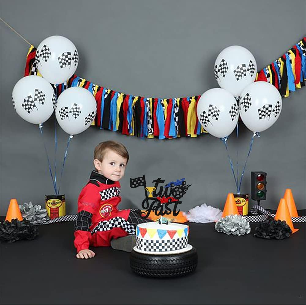 Two Fast Cake Topper, Race Car Birthday Supplies 2Nd Birthday Cake Decoration Race Car Hot Wheel Chequered Flag Themed Party Supplies Decorations(Doubled-Sided), Black