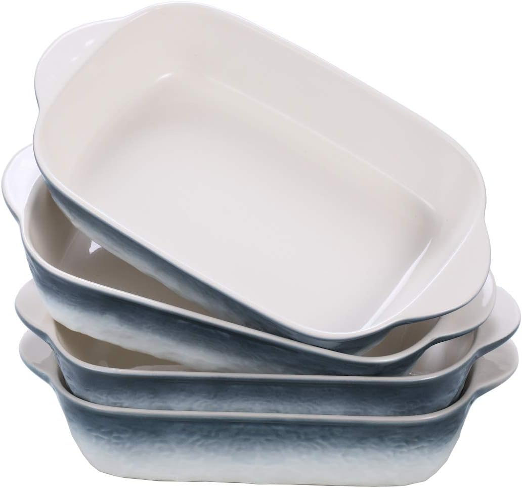 20Oz Small Ceramic Baking Dishes, 7.5L X 5.4W Inch Stone Embossed Pattern Bakeware with Double Handles, Individual Rectangular Baker for Lasagna, Casserole - Set of 4 (Gray) image number 6