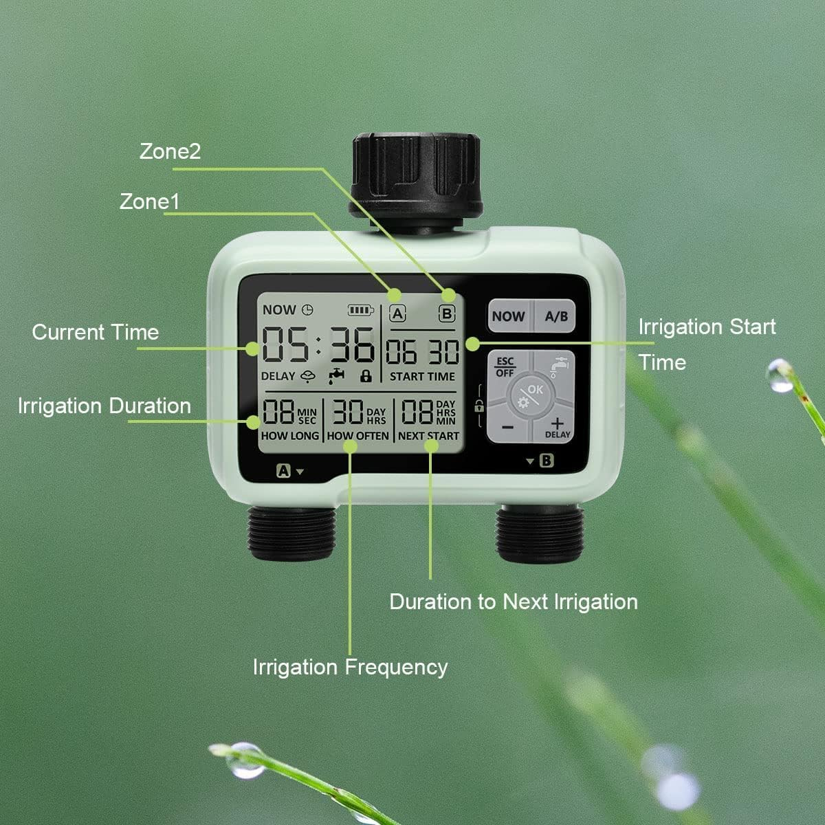 Digital Water Timer 2 Outlets, Automatic & Manual Watering Timers with LCD Screen, Sprinkler Timer Programmable with Rain Delay & Manual Modes - IPX5 Waterproof, Garden Hose Timers for Lawns, Yards image number 6