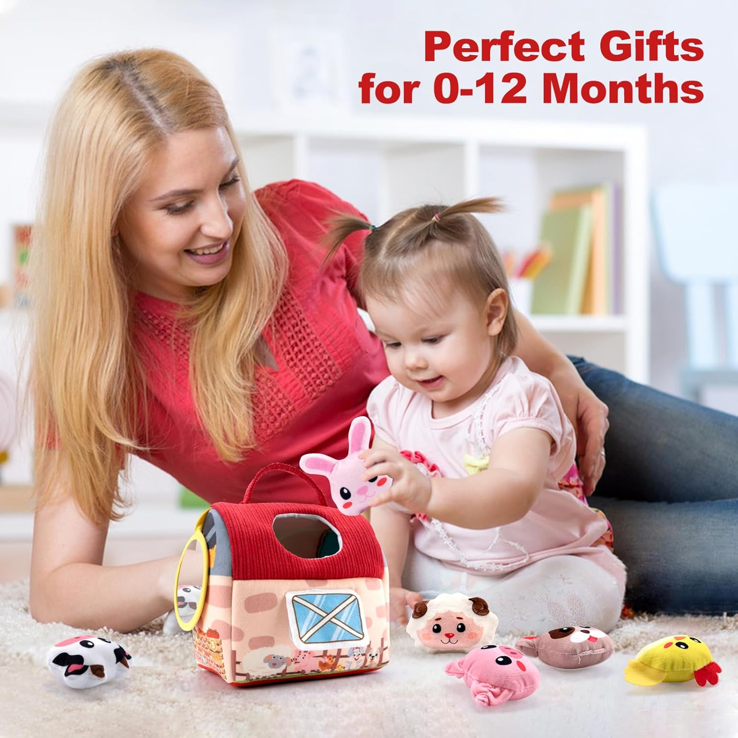 Baby Toys 6-12 Months, Stuffed Animal Rattles Plush Barn with 6 Farm Animals, Rattle, Crinkle Paper, Mirror, Infant Soft Farm Sensory Toys Hand Development Toy for Toddlers 1-3 image number 2