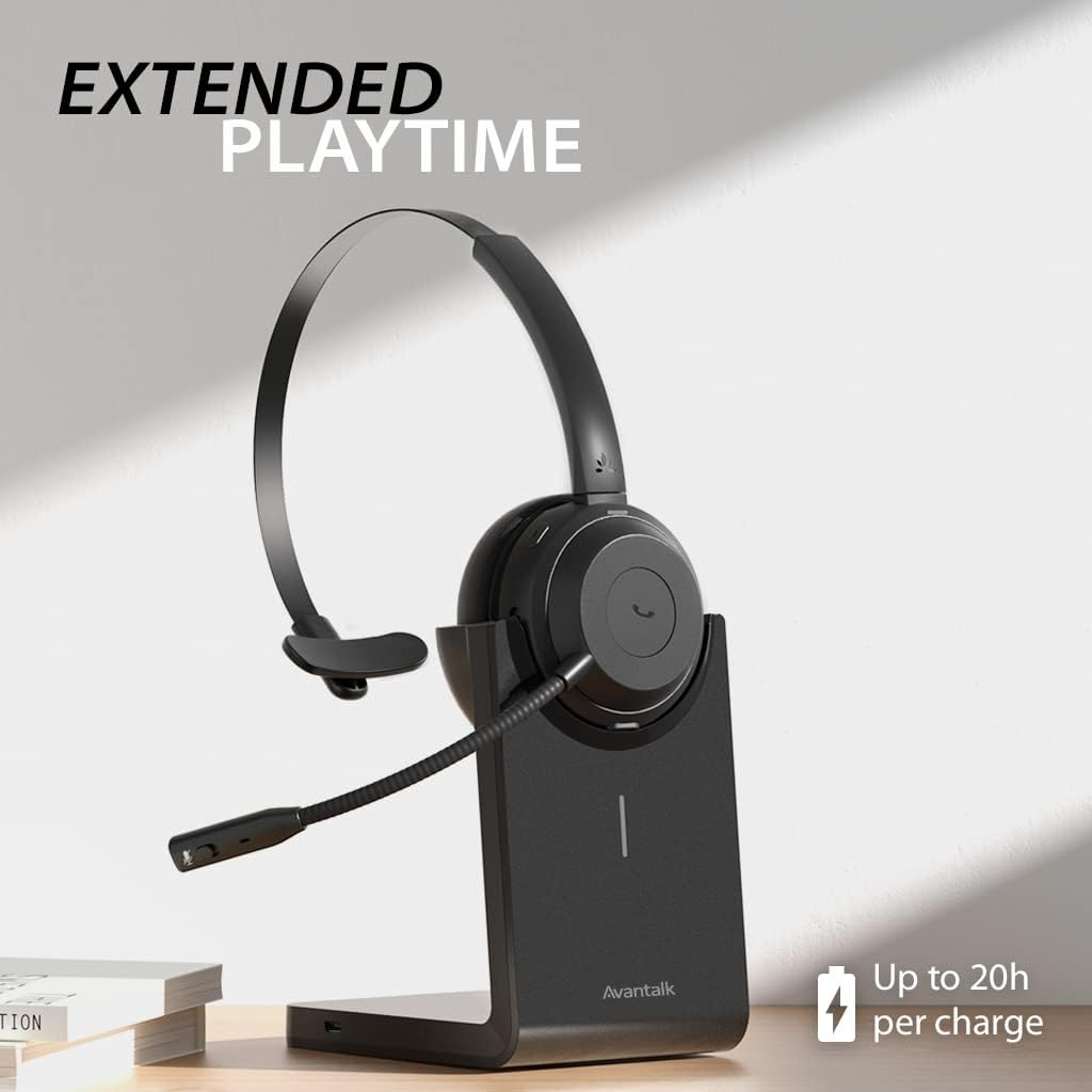 Avantalk Alto Solo - Wireless Headset with Microphone for Work, Headphones with Qualcomm Bluetooth Solution, CVC Noise-Canceling for PC, Computer & Laptop, Charging Stand, Mute Button, Wired Option image number 5