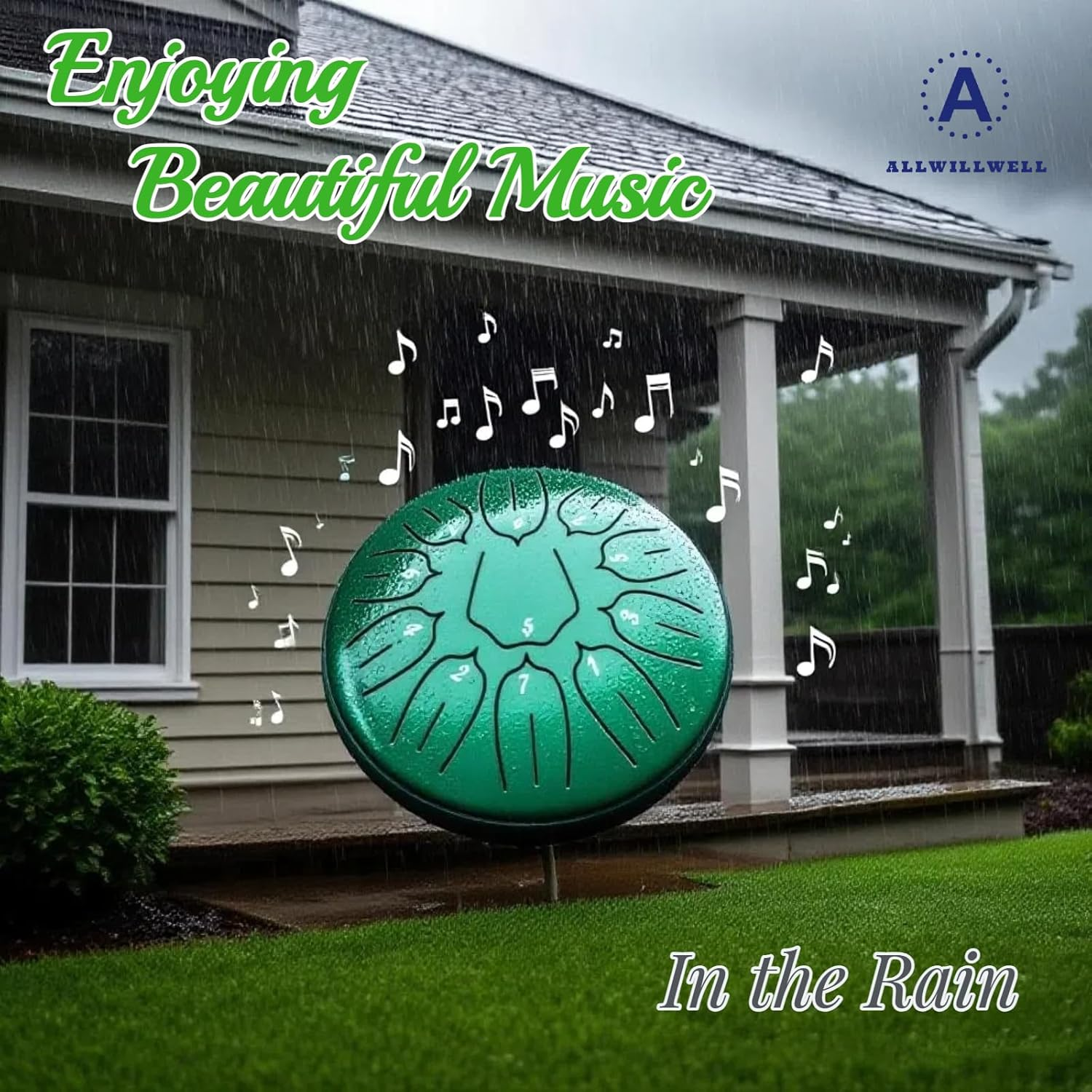 Steel Tongue Drum&Rain Drum - 6" 11-Note Waterproof Percussion | D Tuning | Thick Carbon Steel for Rich Tones | Perfect for Meditation, Yoga & Outdoor Rain Play (GREEN) image number 2