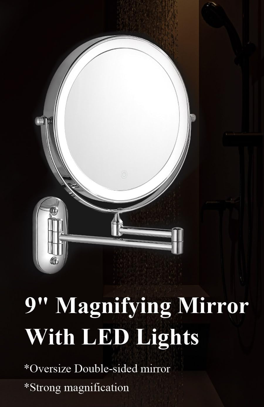 9" Magnifying Mirror with LED Lights Bathroom Large Illuminated Wall Mounted Vanity Mirror for Makeup Shaving (With LED Lights,Black 7X Magnification) image number 4