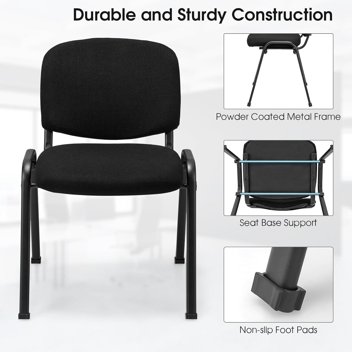 Costway Set of 5 Conference Room Chairs, Stackable Guest Chairs with Upholstered Back & Seat, Ergonomic Office Reception Chairs for Waiting Room, Meeting Room, Reception, Black image number 6