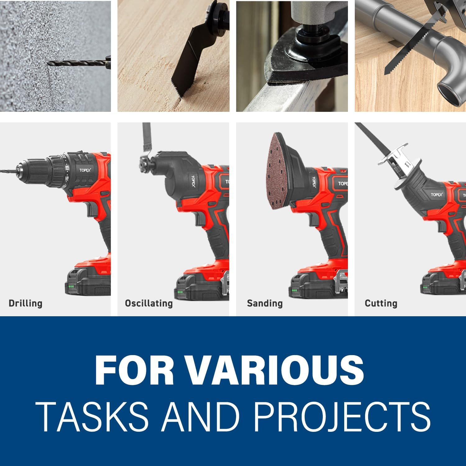 TOPEX 20V 4 IN1 Power Tool Combo Kit, Cordless Drill, Electric Sander, Reciprocating Saw, Oscillating Tool image number 4