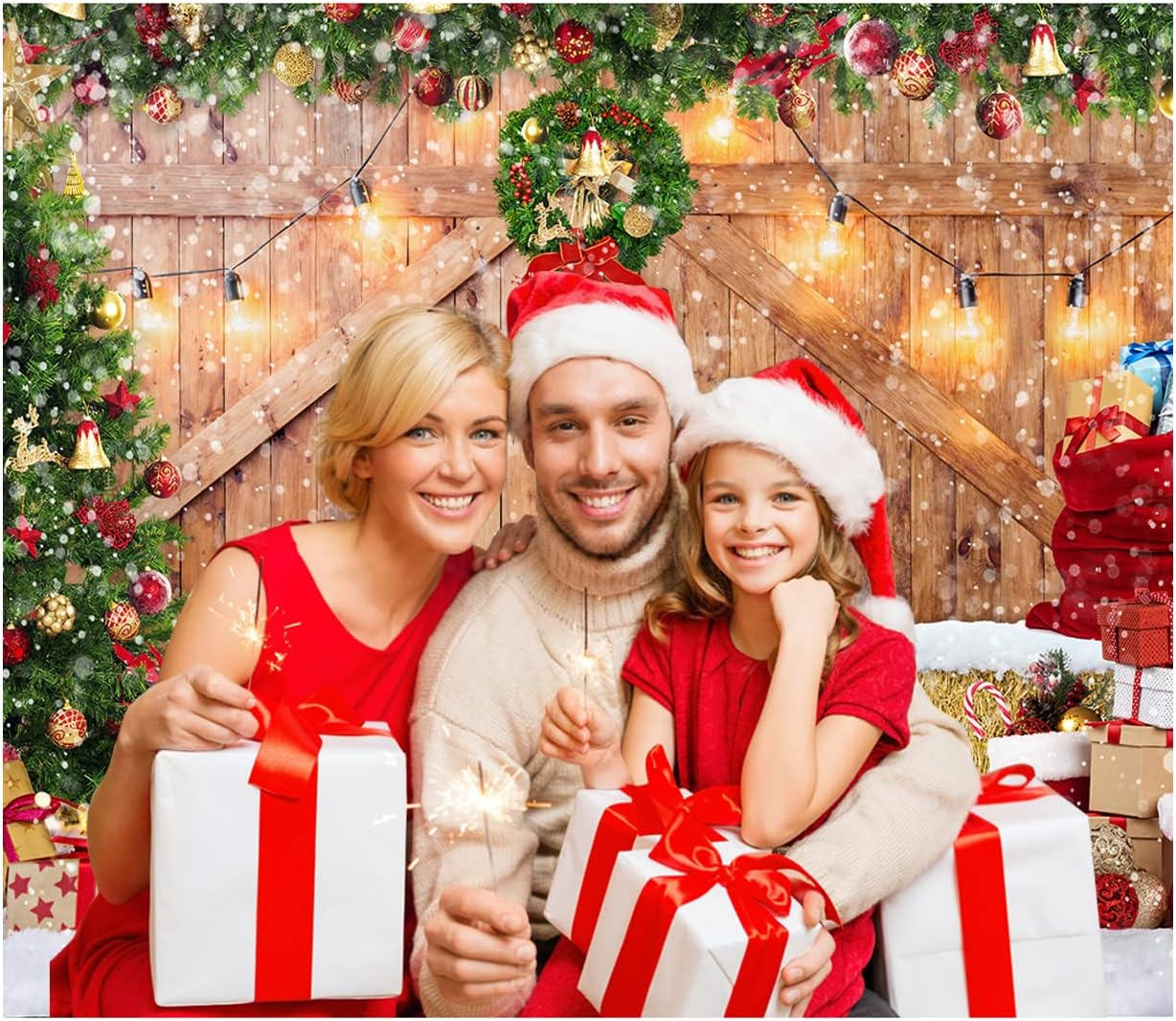 SJOLOON Rustic Christmas Barn Wood Door Backdrop for Photography Xmas Tree Snow Gift Wall Floor Party Photo Background Winter Holiday Family Supplies Banner Decoration Studio Props 12391 (10X8Ft)