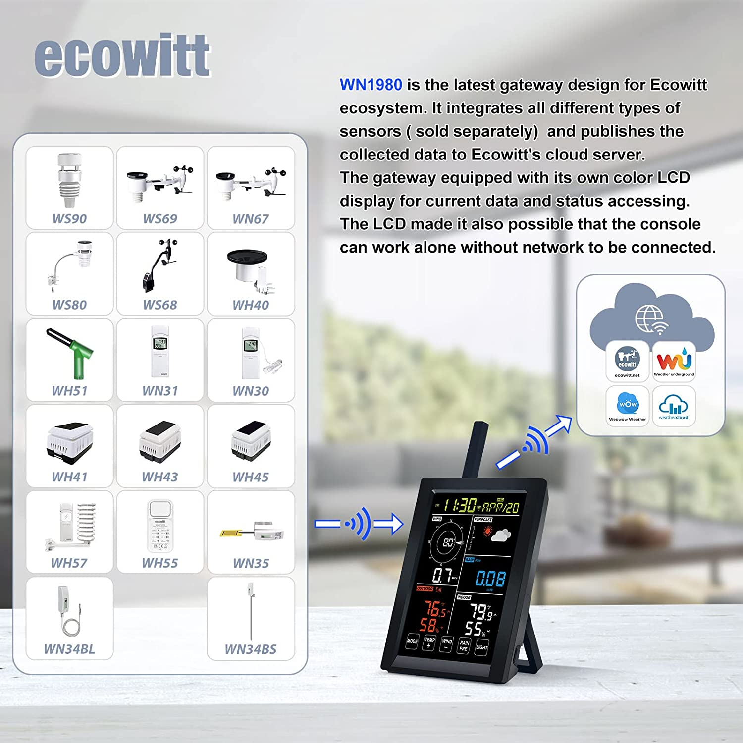 ECOWITT WN1980 Weather Station Kit, Includes WN1980 5.3'' LCD Display Console and WN67 Outdoor Sensor Array, Temperature/Humidity/Rain Rate/Wind Speed&Direction, 433 Mhz