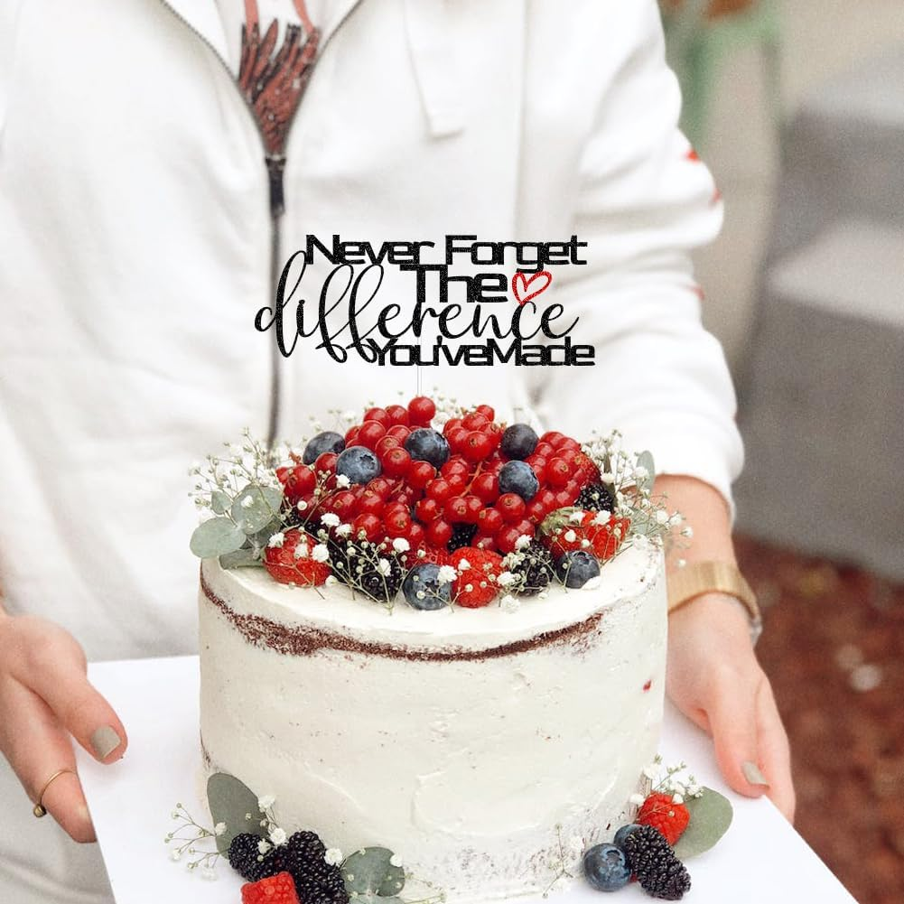 Never Forget the Difference You'Ve Made, Farewell Cake Decor for Coworkers Boss Friends Classmates, Retirement Graduation Party Decorations Black Red Glitter image number 2